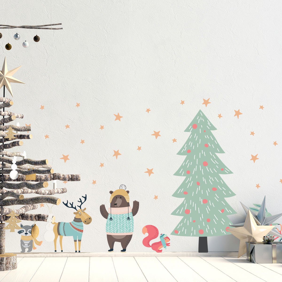 Stickers Noël sapin et animaux scandinaves - Autocollants stickers adhésifs noël - décoration fêtes - 105x70cm - 3