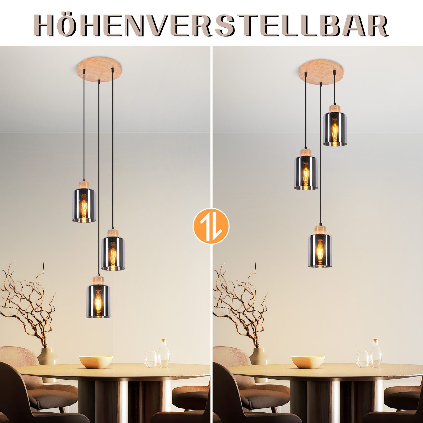 NETTLIFE Suspension en bois, lampe suspendue E27, lampe de table à manger vintage en verre - 2