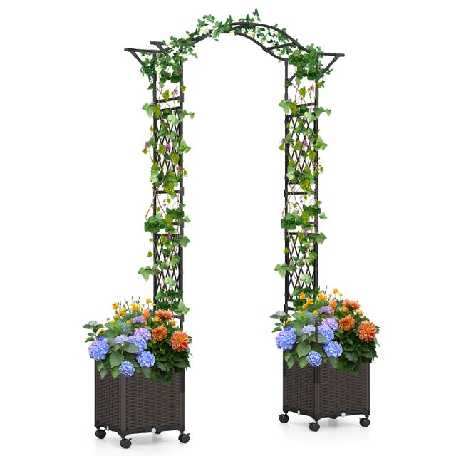 Łuk Ogrodowy z 2 Donicami, Metalowa Pergola na Kółkach, Pokryta Powłoką Antykorozyjną PE, Podpórka dla Pnączy, 208 x 40 x 250 cm (Czarna)