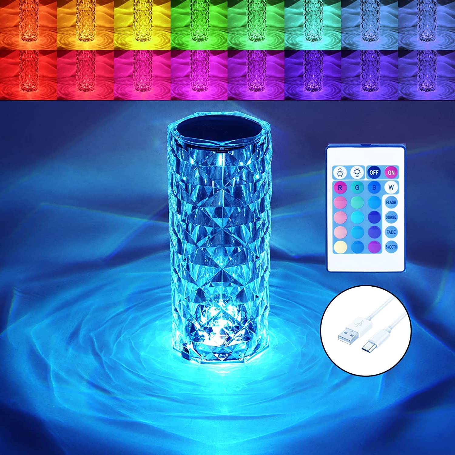 Kryształowa lampa LED 16 kolorów, dotykowa lampka stołowa RGB, 4 tryby z pilotem, lampka nocna diament