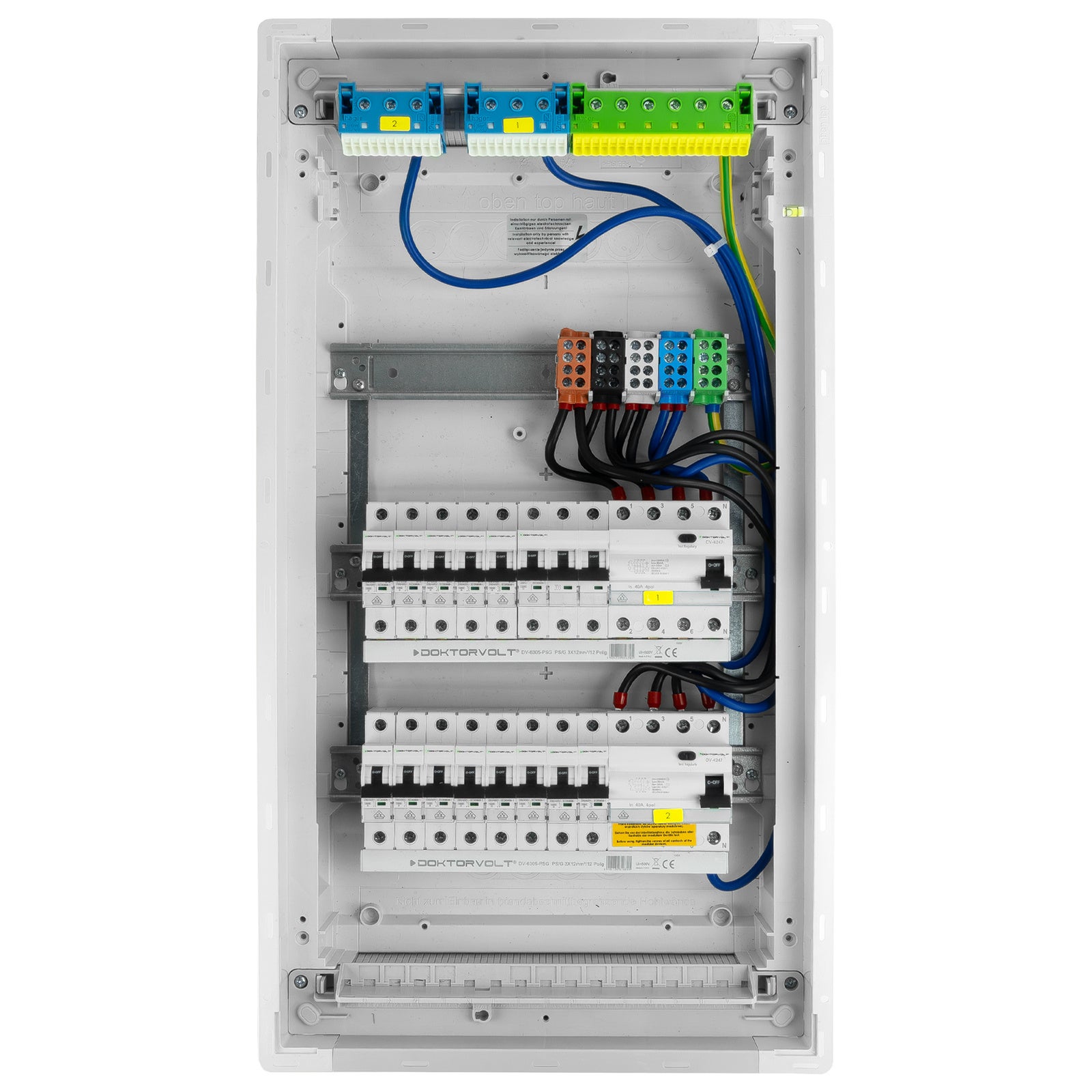 Rozdzielnica modułowa podtynkowa 3x12 zabezpieczona 14xMCB 1xRCCB VDE 630,50x348x98mm zaciski rozgałęźne L1, L2, L3, N, PE Doktorvolt DV-6234-PT