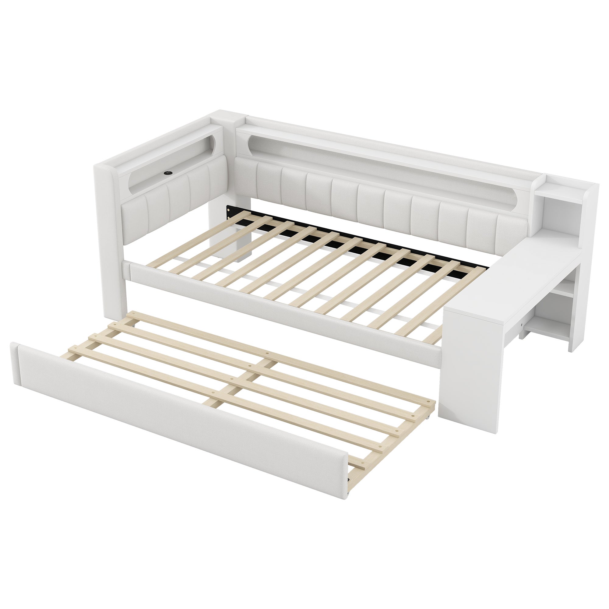 Łóżko wysuwane 90 x 200 cm z biurkiem, 2 szufladami i przegródkami - MDF + sklejka + tkanina lniana - port USB i diody LED - białe (bez materaca) - 8