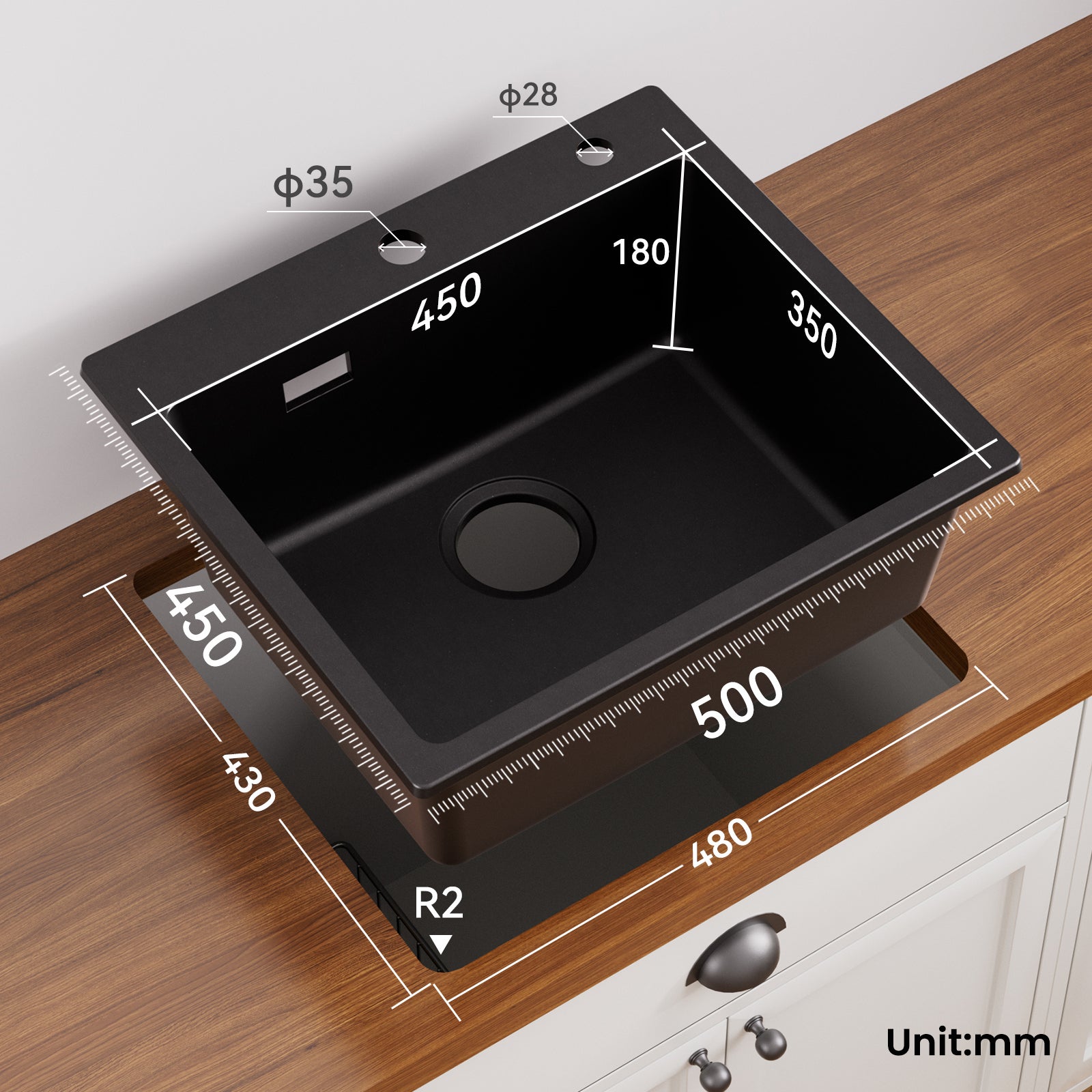 Fregadero de cocina Auralum max 50x45cm en granito Fregadero de 1 seno en fregadero sobre encimera negro - 5