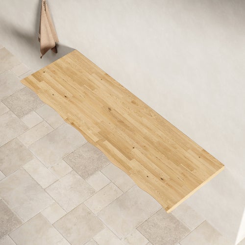Plan de travail en bois massif 140 cm pour meuble vasque, bords ondulés, sans perçage ni supports - 6