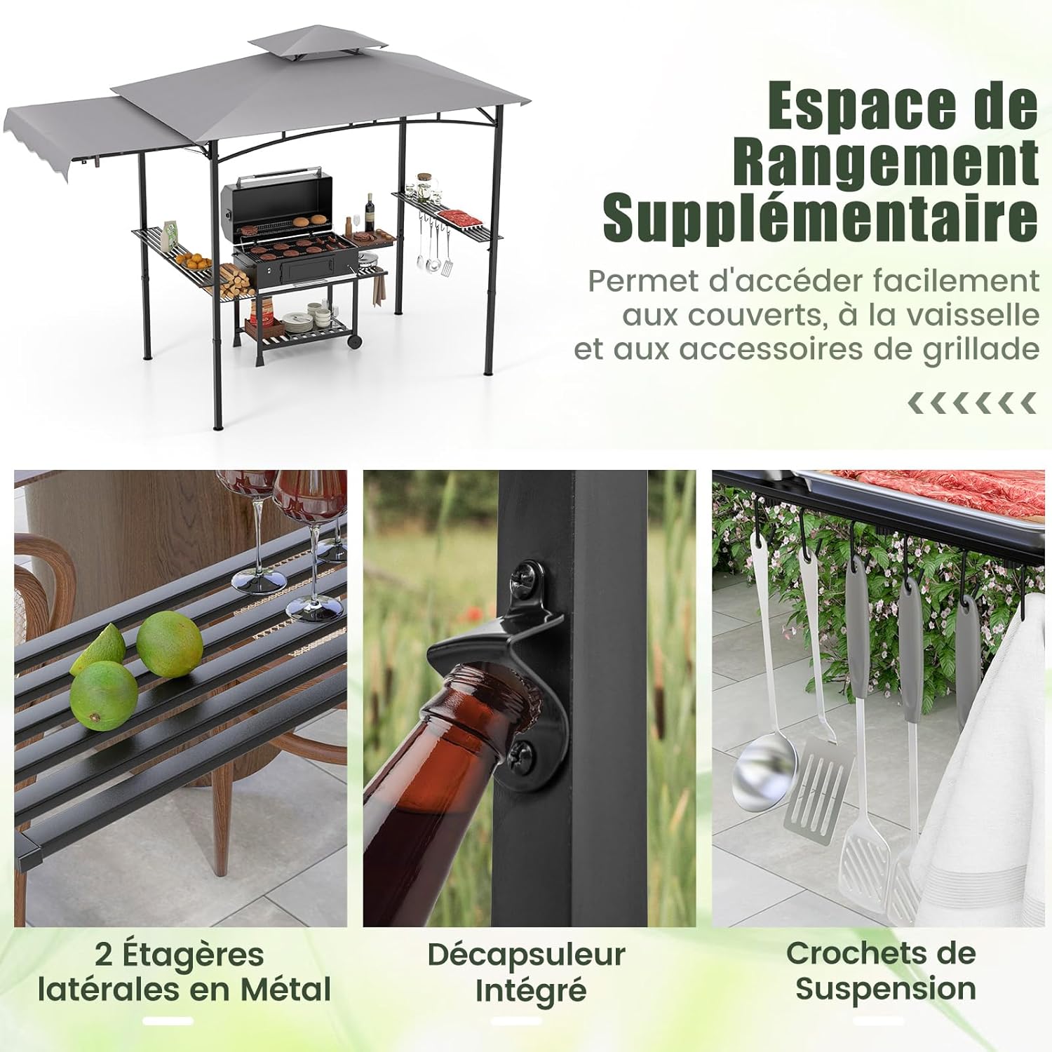 Tonnelle de Barbecue 318 x 153 cm avec Auvent Latéral, Abri Barbecue Cadre en Métal avec Dessus à 2 Niveaux 2 Etagères Latérales pour Jardin - 6