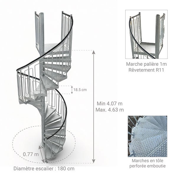 Escalier industriel hélicoïdal 25 marches - Hauteur à franchir 4,63m - HELI180-463-25-DR - 2