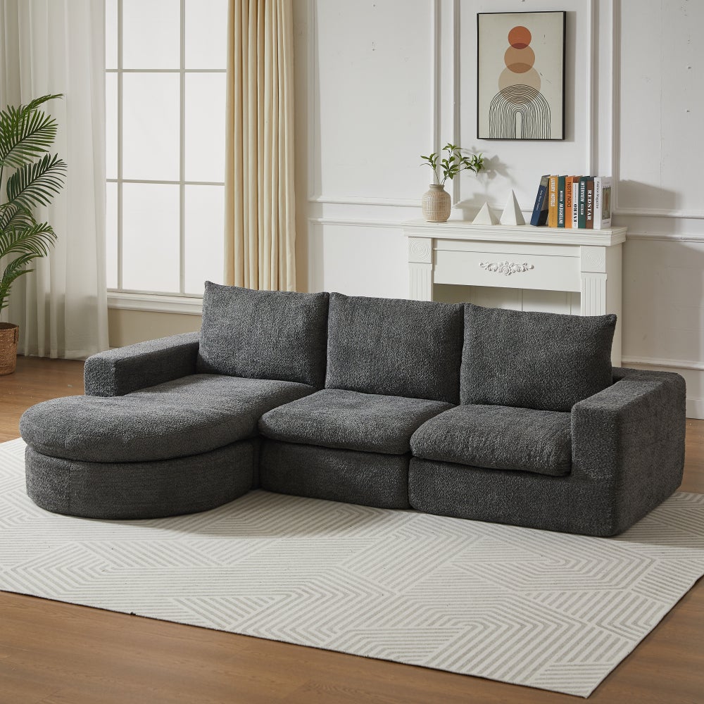 Sofa modułowa, szenilowa, z elementami zaokrąglonymi i leżanką, skompresowana, nie wymaga montażu