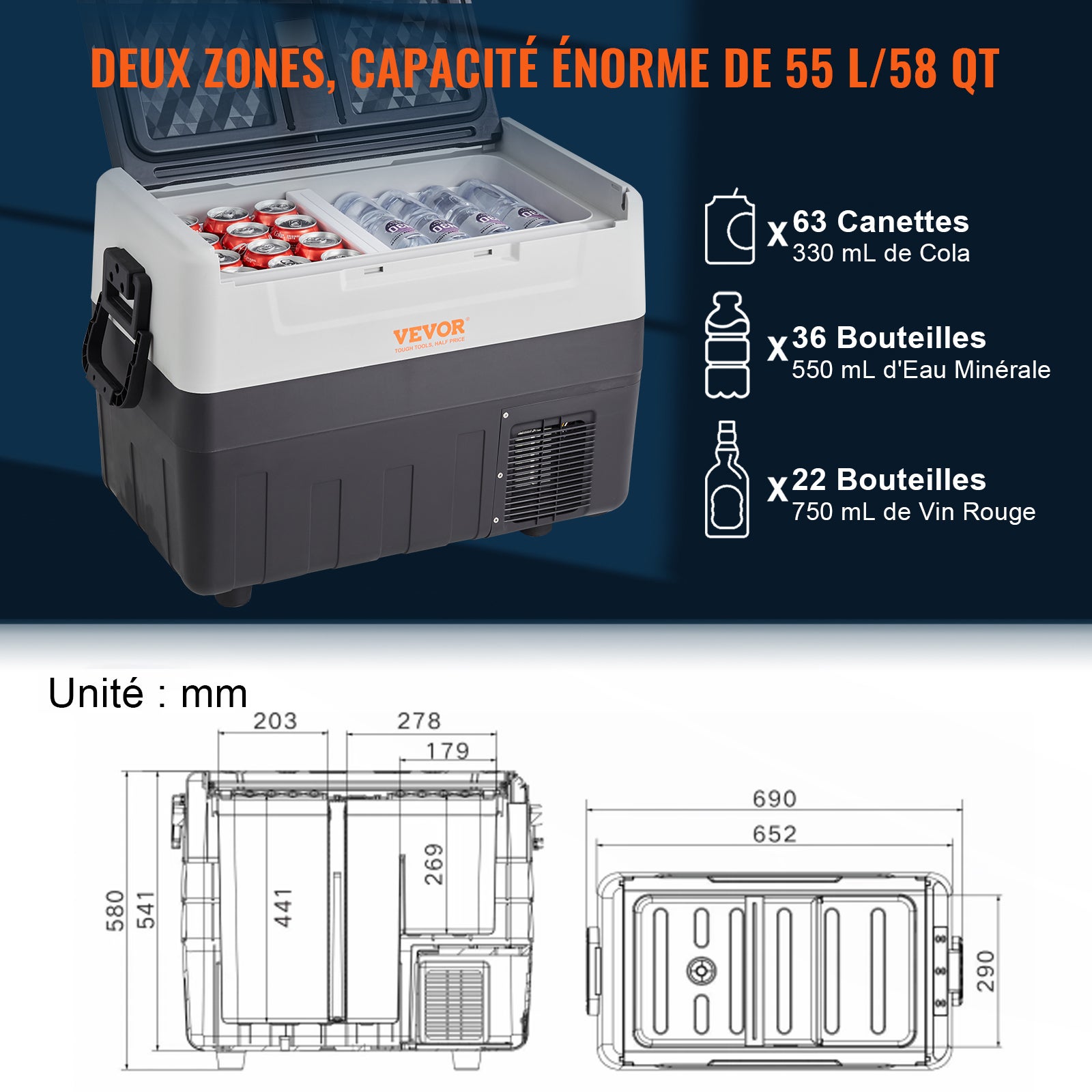 Réfrigérateur-congélateur portable SucceBuy pour voiture- 58 Qt à double zone. Pour une utilisation en voiture et à la maison. Spacieux et fonctionnel - 7