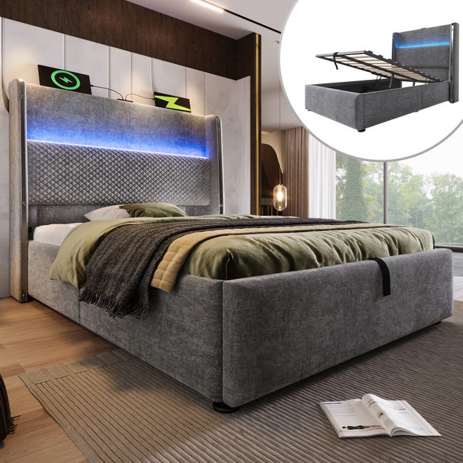 Letto imbottito singolo Sherpa - 90x200 cm - con prese di ricarica e Letto imbottito singolo Sherpa - 90x200 cm - con prese di ricarica e