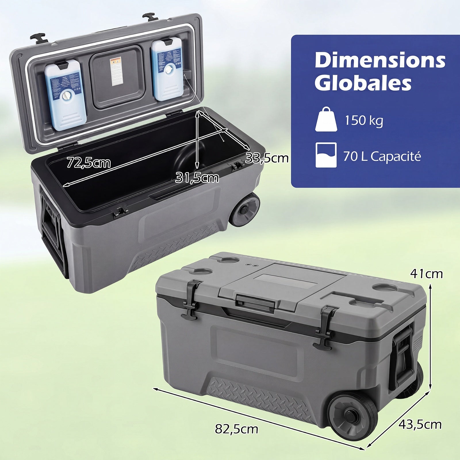 Glacière, Poignées et Roulettes Transport, Glacière Portable de 70L, Orifice de Sortie, Emplacement du Gobelet, Garder la Glace Jusqu'à 6 Jours, Gris - 3