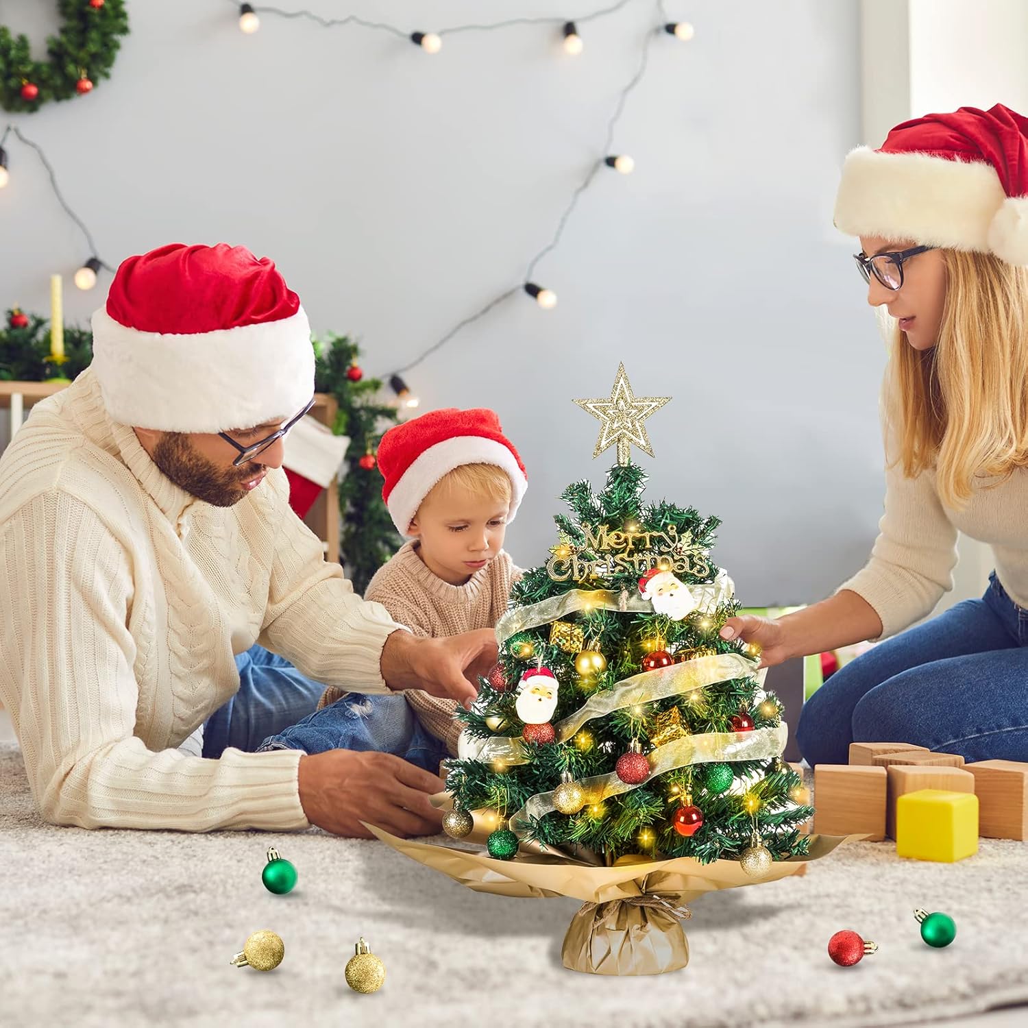 Sapin de Noël artificiel de 60 cm avec lumières LED, petit sapin de Noël de table avec ornements suspendus, décorations de Noël - 6