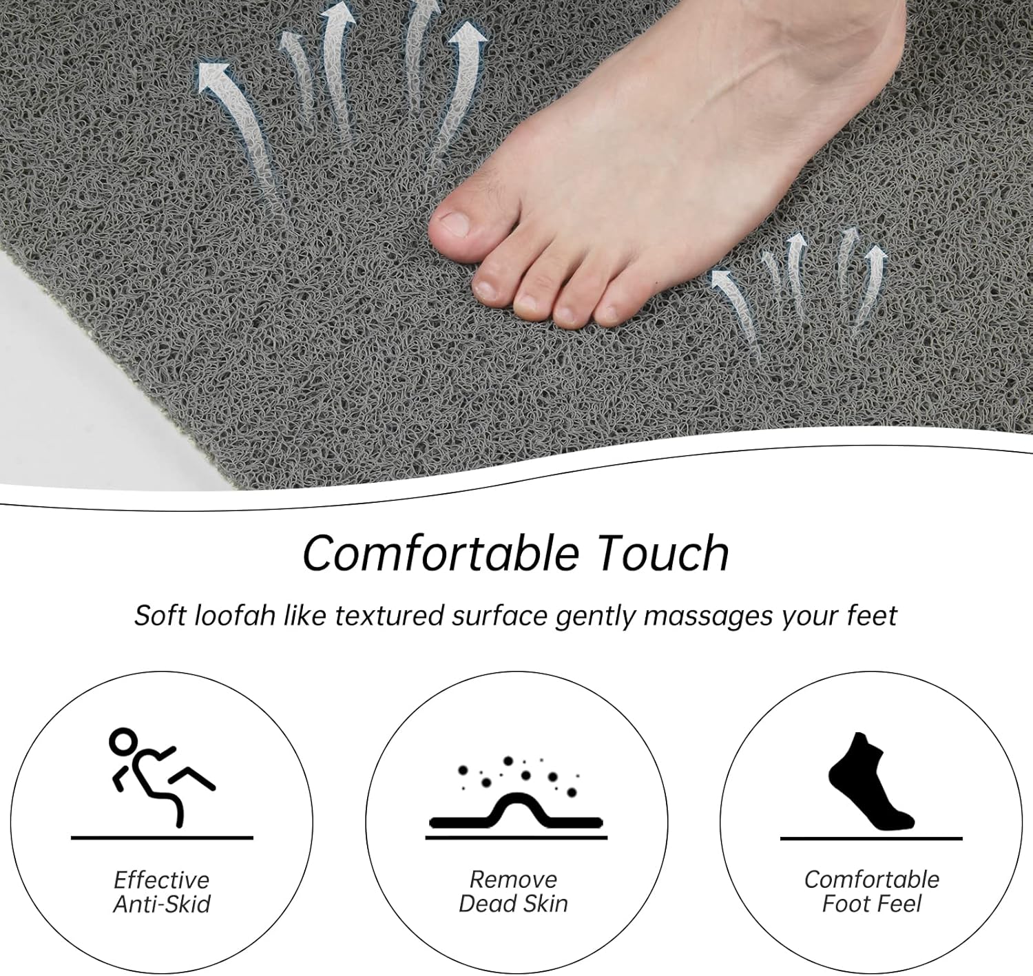 Tapis de Douche Antidérapant Doux Loofah Anti Moisissure PVC Tapis de Bain pour Cabine de Douche Salle de Bains 50x80cm Gris - 2