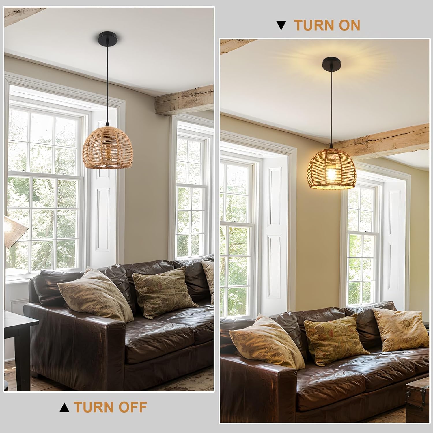 COMELY Suspension Luminaire Vintage en Rotin E27 Ø20 cm, Lustre Rétro Naturel pour Salon Chambre Cuisine Salle à Manger Café-Bar - 3