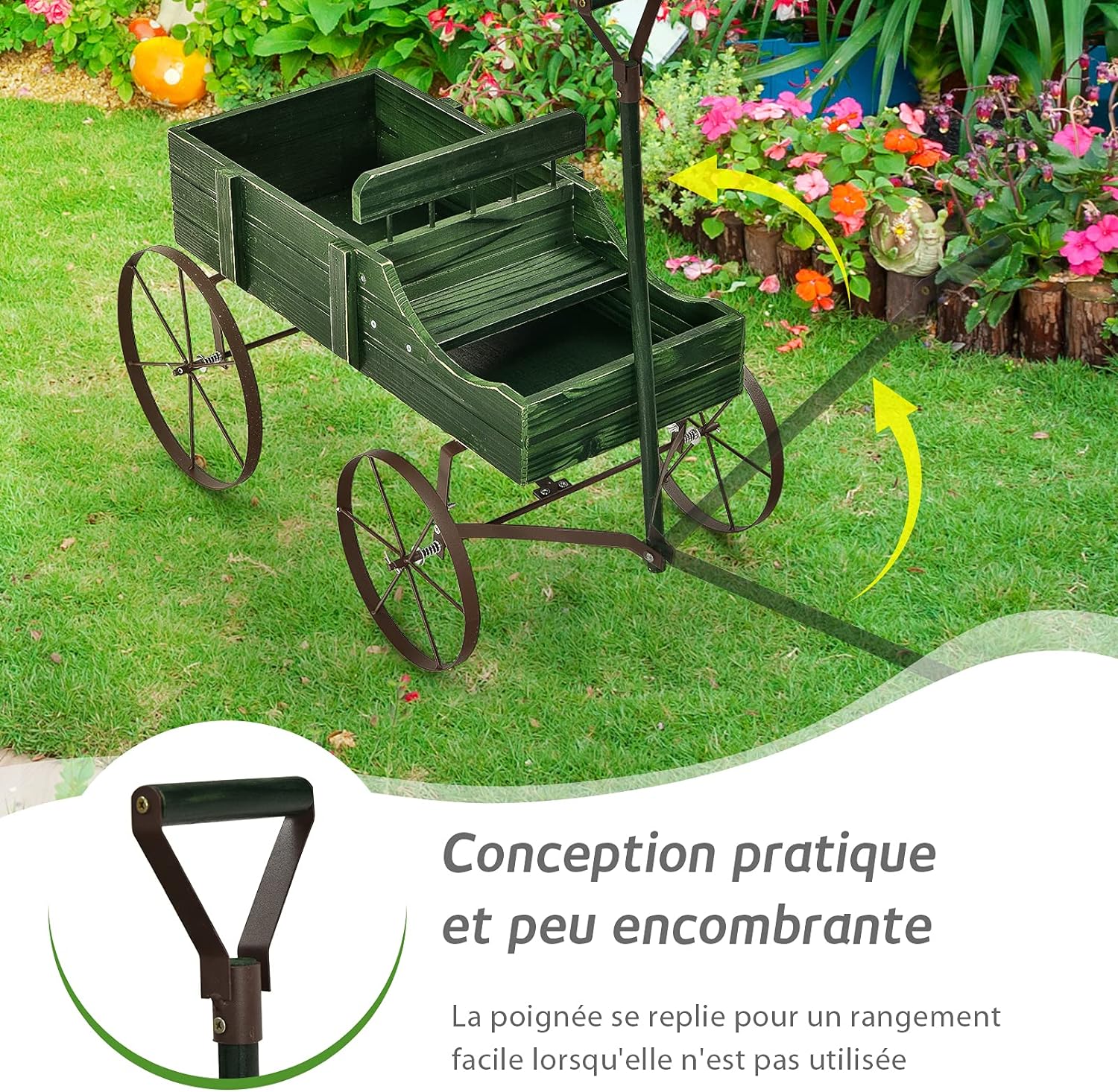 Brouette décorative en bois avec 2 compartiments à planter roues poignée charge 15kg vert - 6