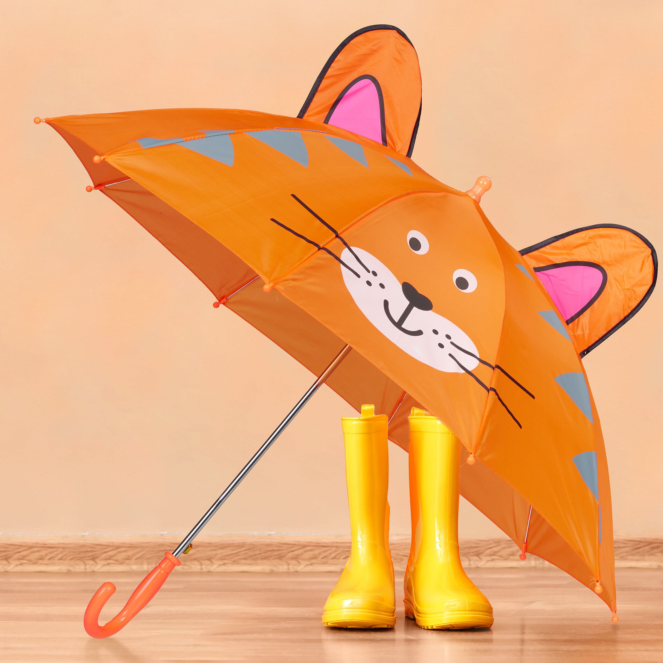 Parapluie Enfant Beige Motifs Renard & Cerf - Pointes Arrondies, Bord Réfléchissant - Pour école Et Sorties - 7