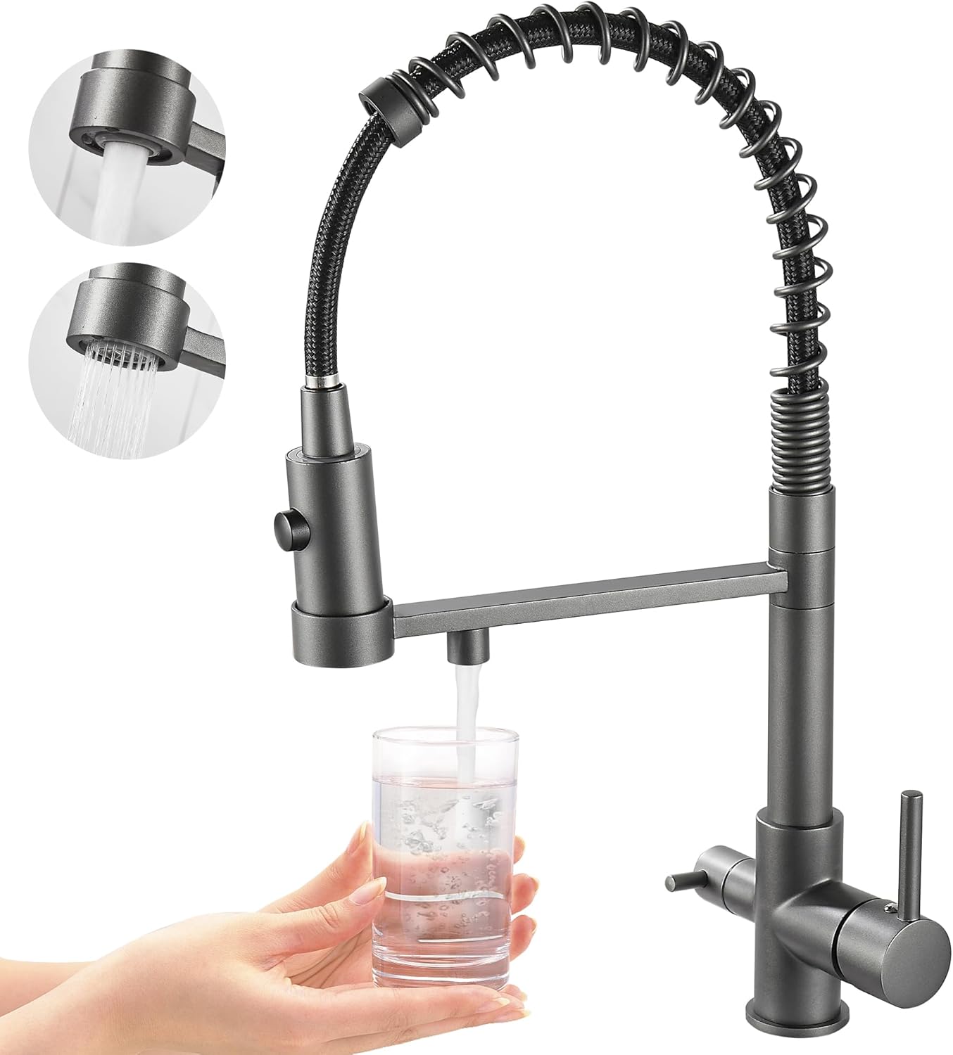 Trójdrożny kran kuchenny, wyciągany kran kuchenny, mosiężny kran zlewozmywakowy, trzyfunkcyjny kran filtrujący wodę (szary)