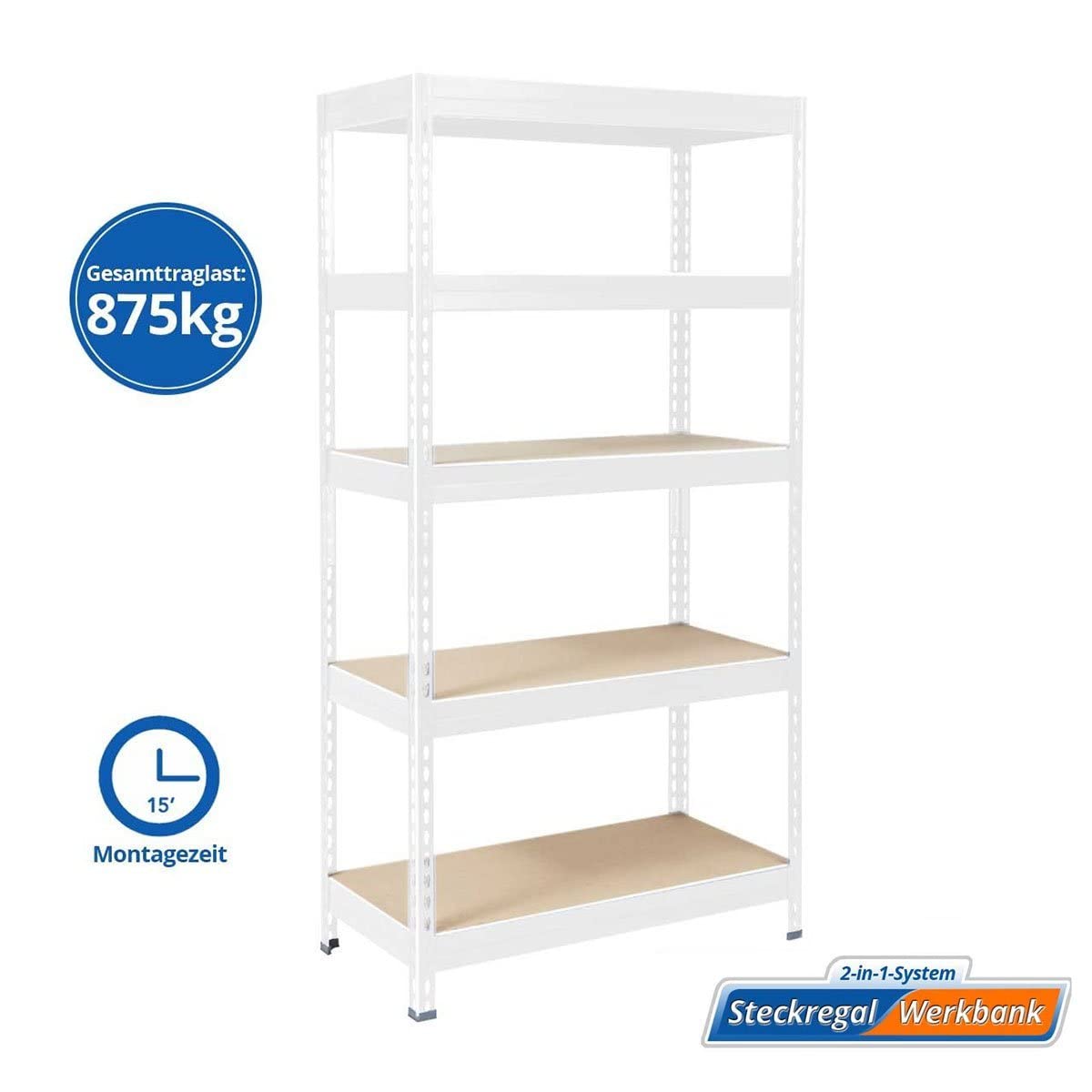 Étagère pour charge lourde Meuble de rangement, 5 Étages, Blanc, 180 x 90 x 45 cm, Charge Max : 875 kg - 3