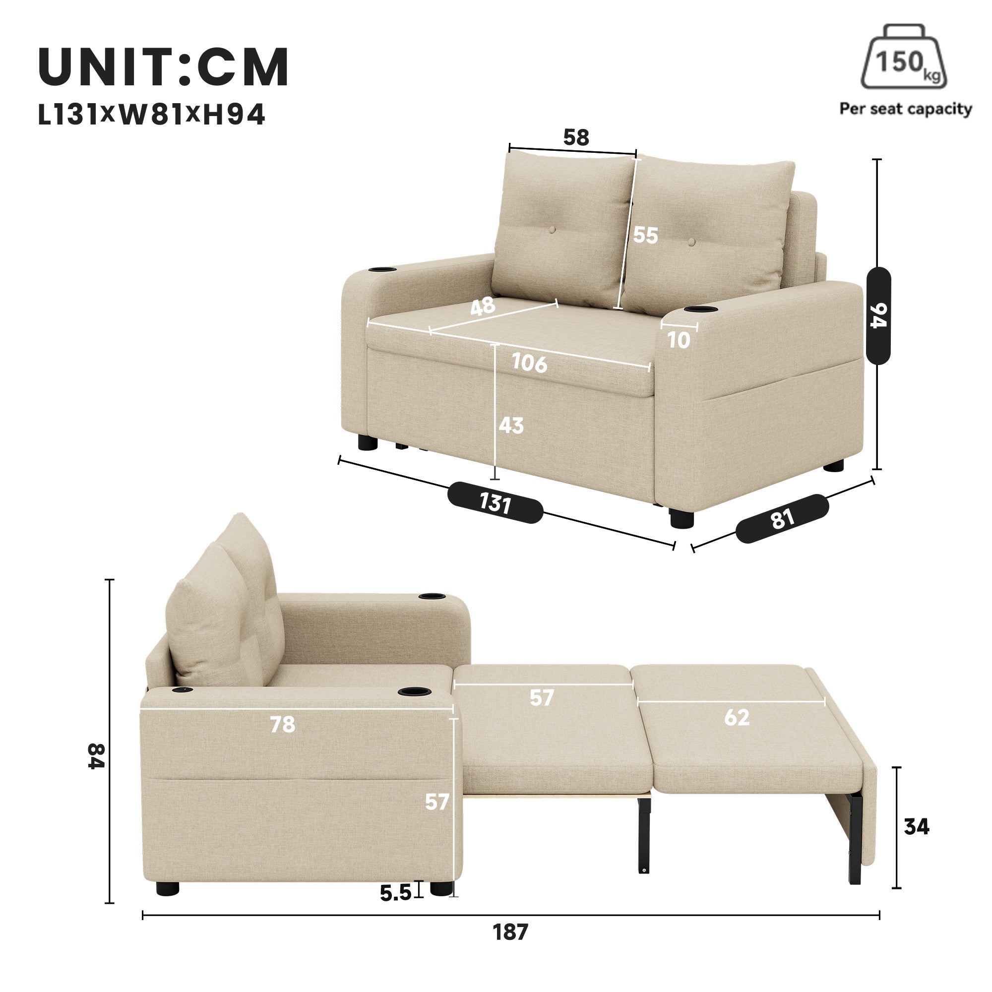 Sofa 2-osobowa z funkcją spania, uchwytem na kubek, portem USB i kieszeniami bocznymi - 131 x 81 x 94 cm - Tapicerka bawełniano-lniana - Beżowa - 9