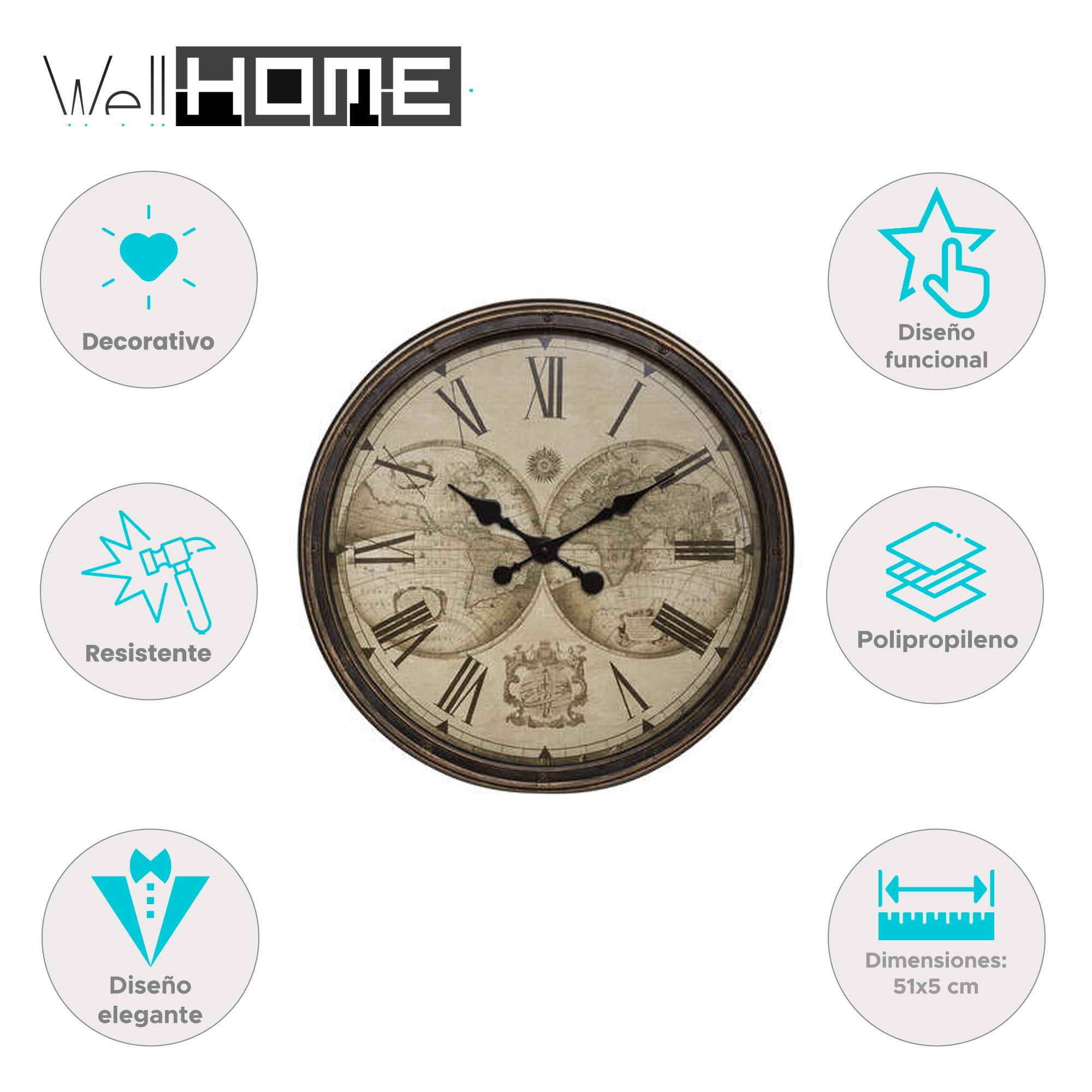 WELLHOME Reloj mundial Vintage Ø51x5 cm de Plástico - 2