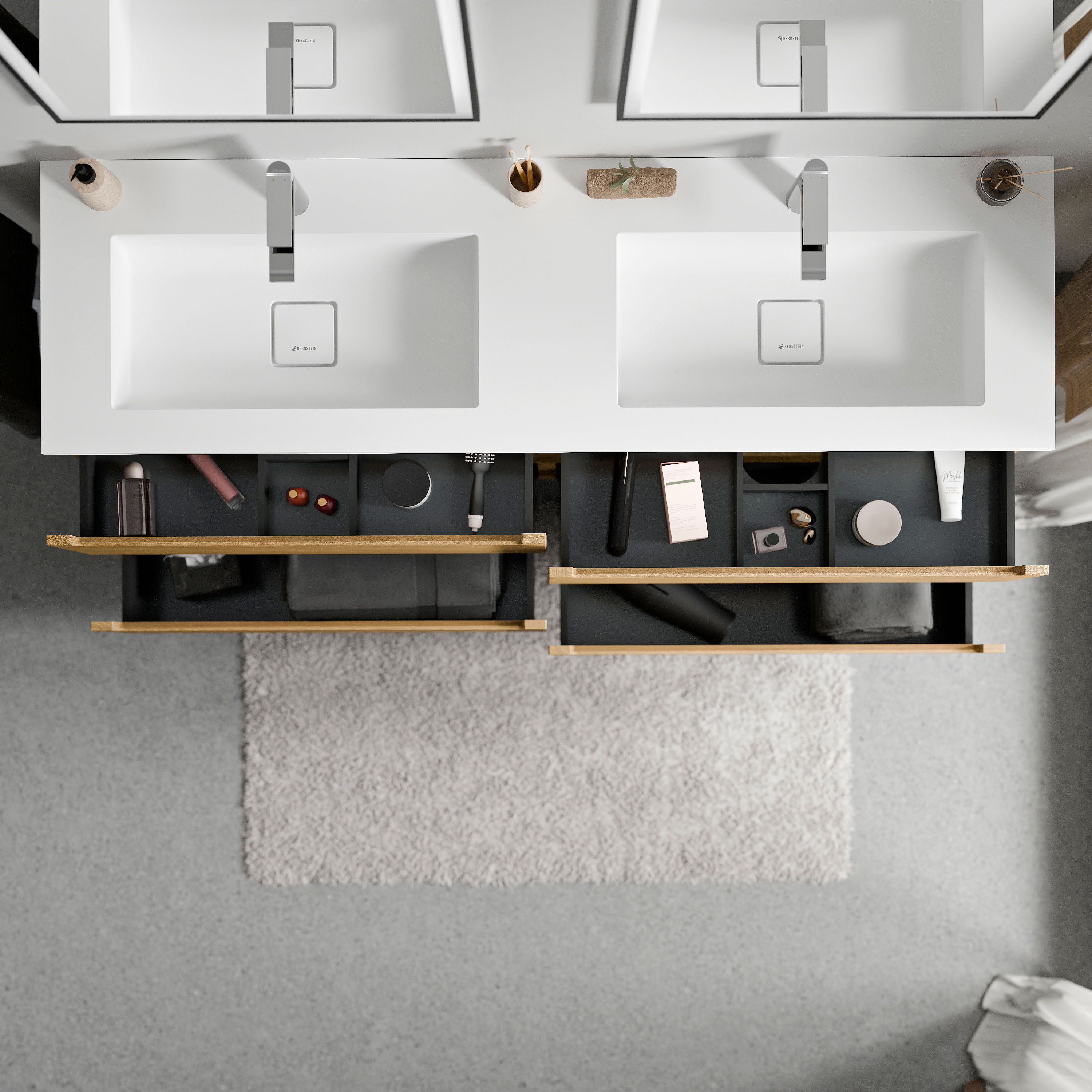 BERNSTEIN - Meuble double vasque suspendu MDF Chêne miel, lavabos fonte Blanc mat + trous robinet, tiroirs pivotants - 160x46x62cm - VIREO - 3