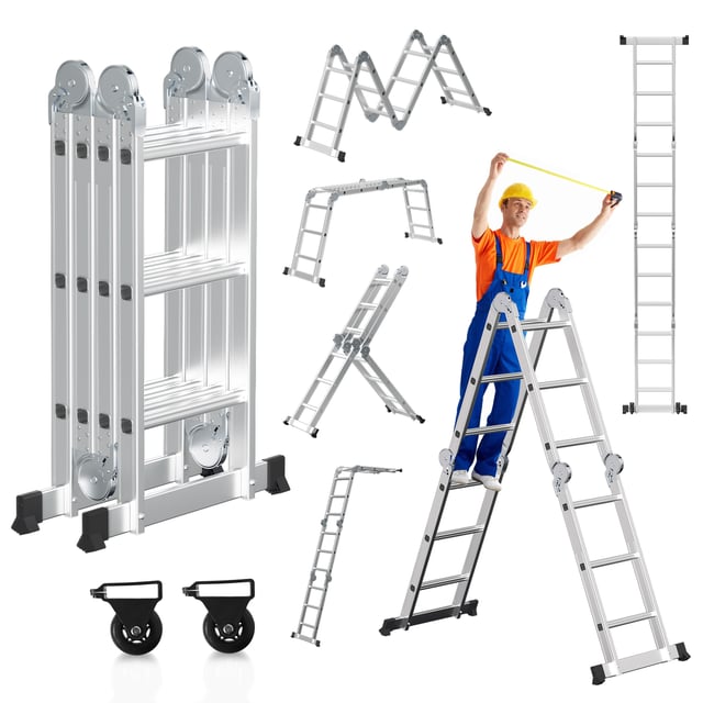 Echelle pliante articulée 4x3 marches, echafaudage multifonction, ecarteur de mur, escabeau, 2 plaques plateforme de travail