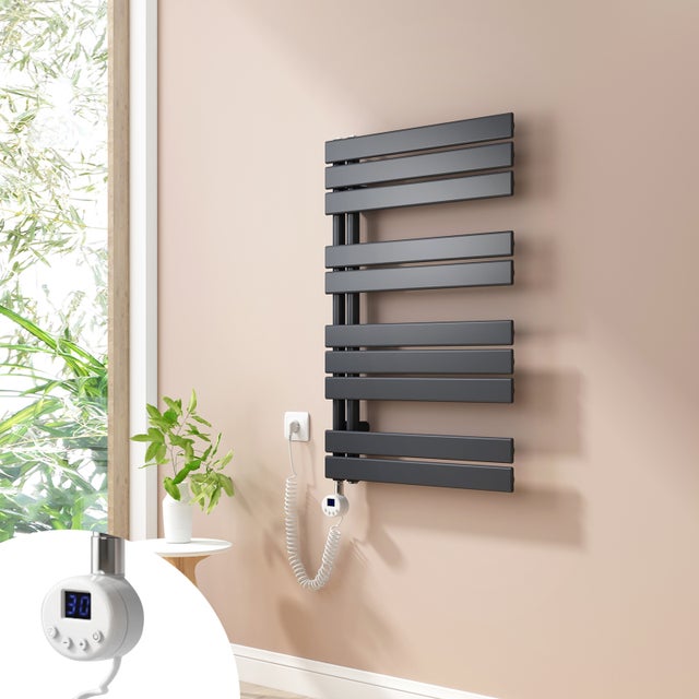 Heilmetz Sèche-Serviettes Electrique, radiateur sèche-Serviettes Plat avec Timing Elément de Electrique, Anthracite, 899x600mm, 400W