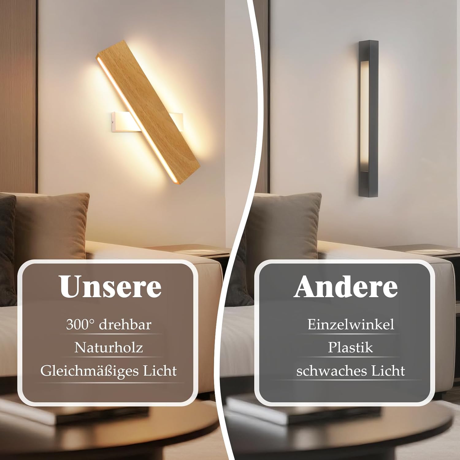 NETTLIFE Applique LED Legno 32cm Moderna, Design Su e Giù Luce Indiretta 11W 3000K Bianco Caldo per Soggiorno Camera Corridoio Scale Interno - 3