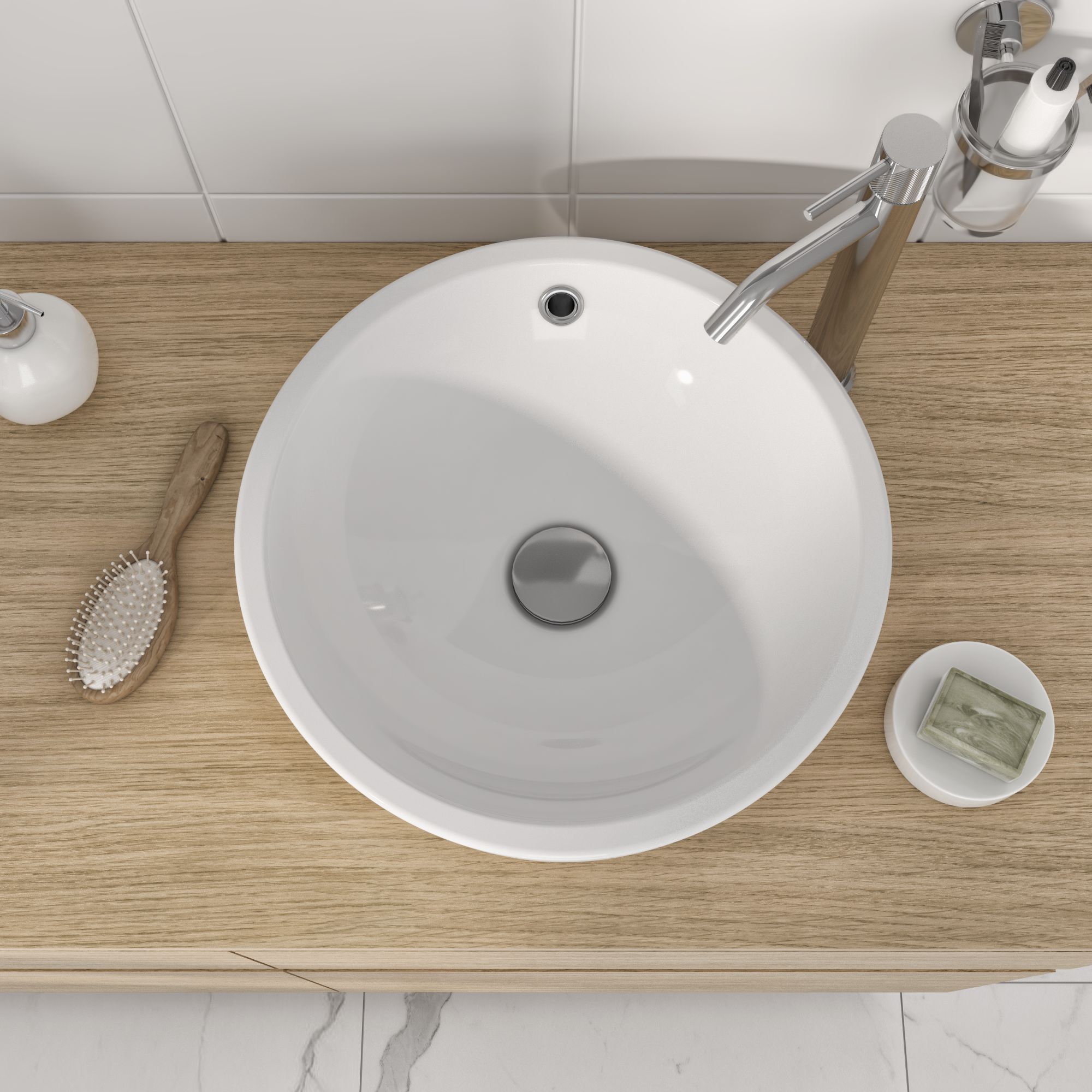 SENSEA - Lavabo da appoggio TONDO - Porcellana - Ø 38 cm - Bianco lucido - Piletta non inclusa - Lavabo - 5
