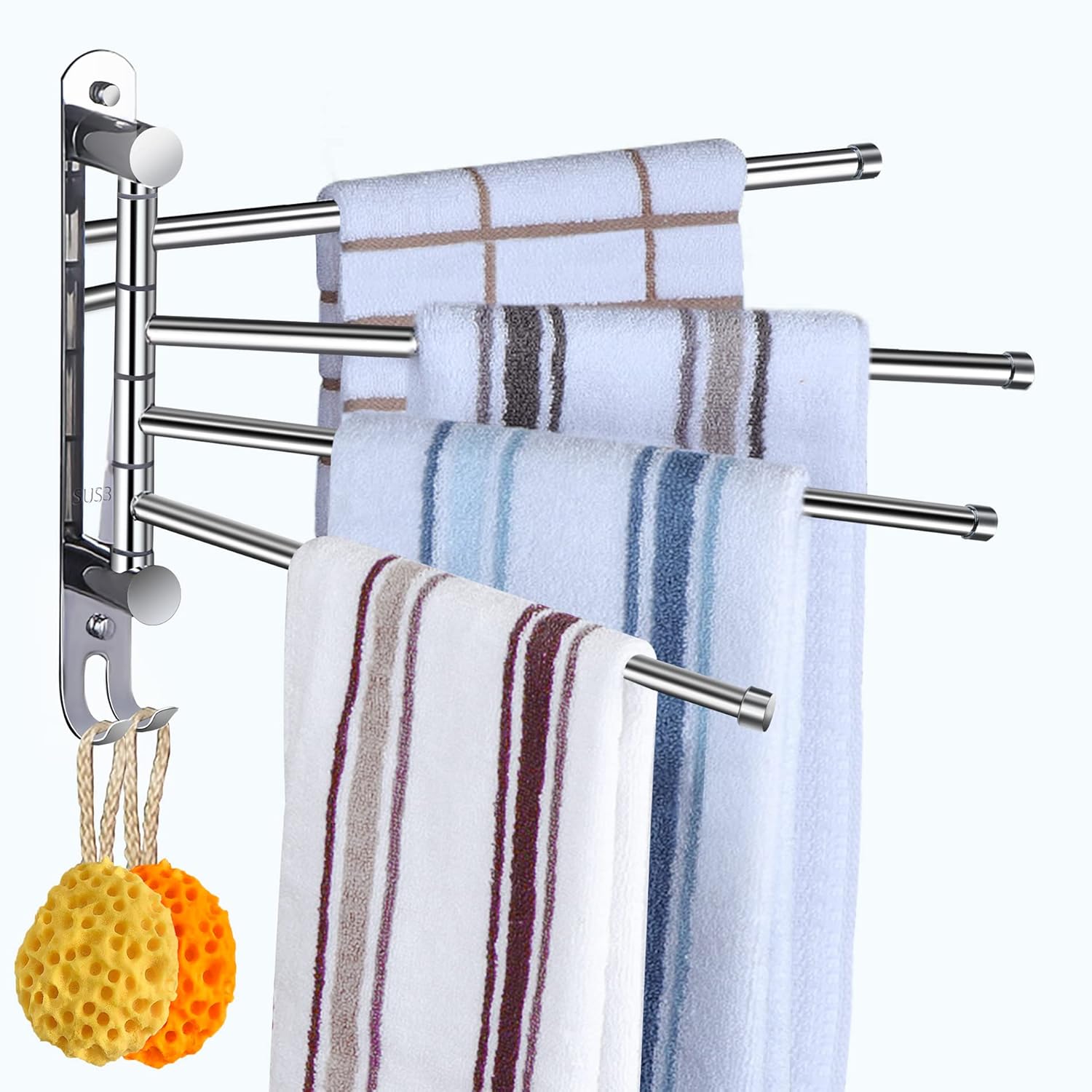 Obrotowy wieszak na ręczniki łazienkowy, 4-ramienny, obrotowy wieszak na ręczniki, stal nierdzewna SUS304, oszczędzający miejsce uchwyt na ręczniki