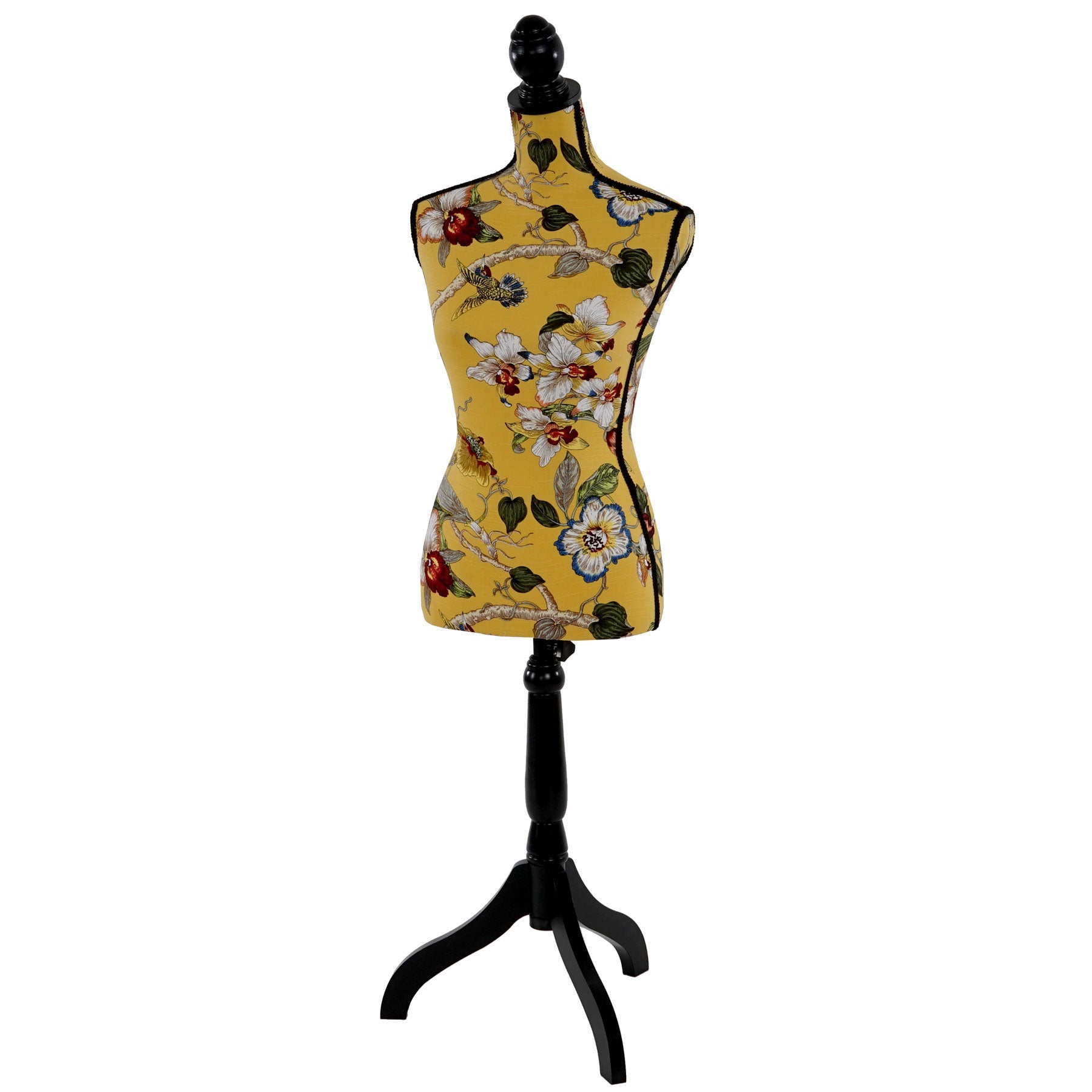 Buste de couture féminin sur pieds hauteur régable mannequin femme déco vitrine fibre de verre jaune avec des fleurs 04_ - 4