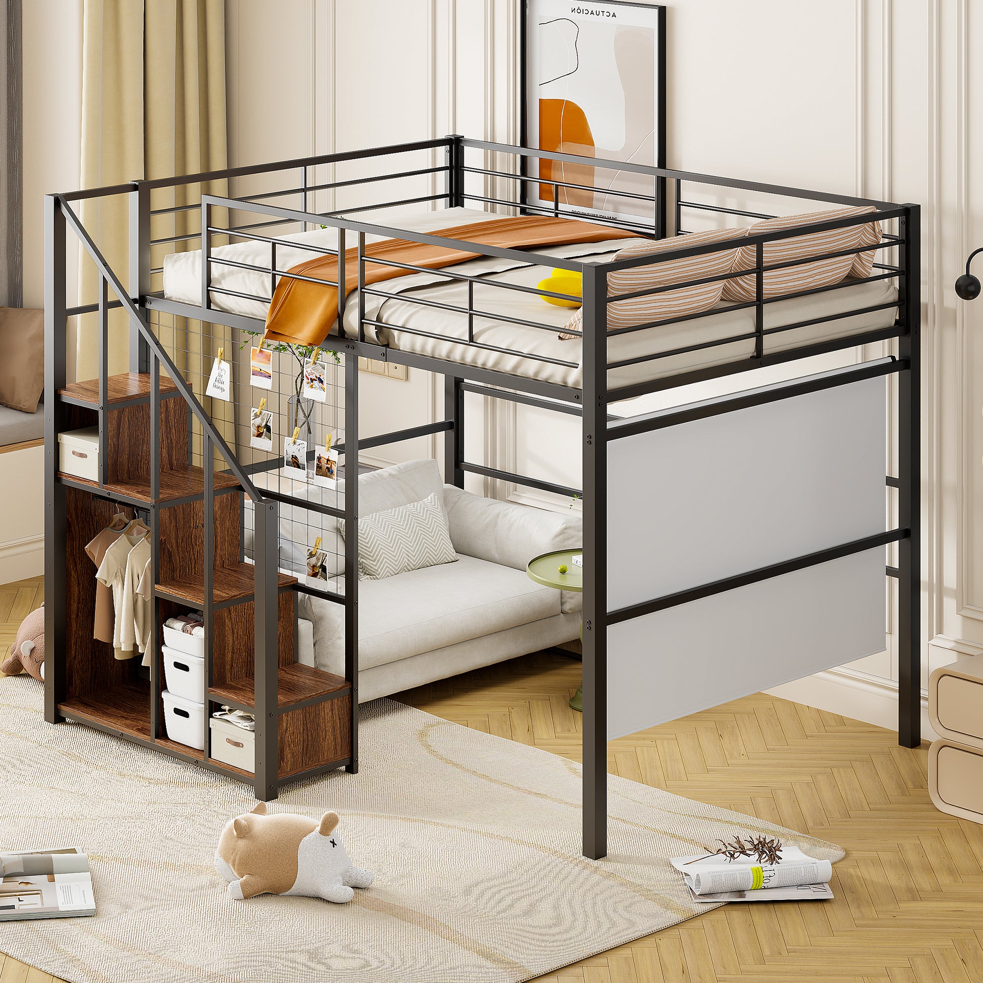 MISNODE Letto a Soppalco 140x200, Letto a Castello con Scale e Armadietto, Letto per Bambini con Protezione Anticaduta, Letto Matrimoniale Bambina in Legno Massiccio, Bianco