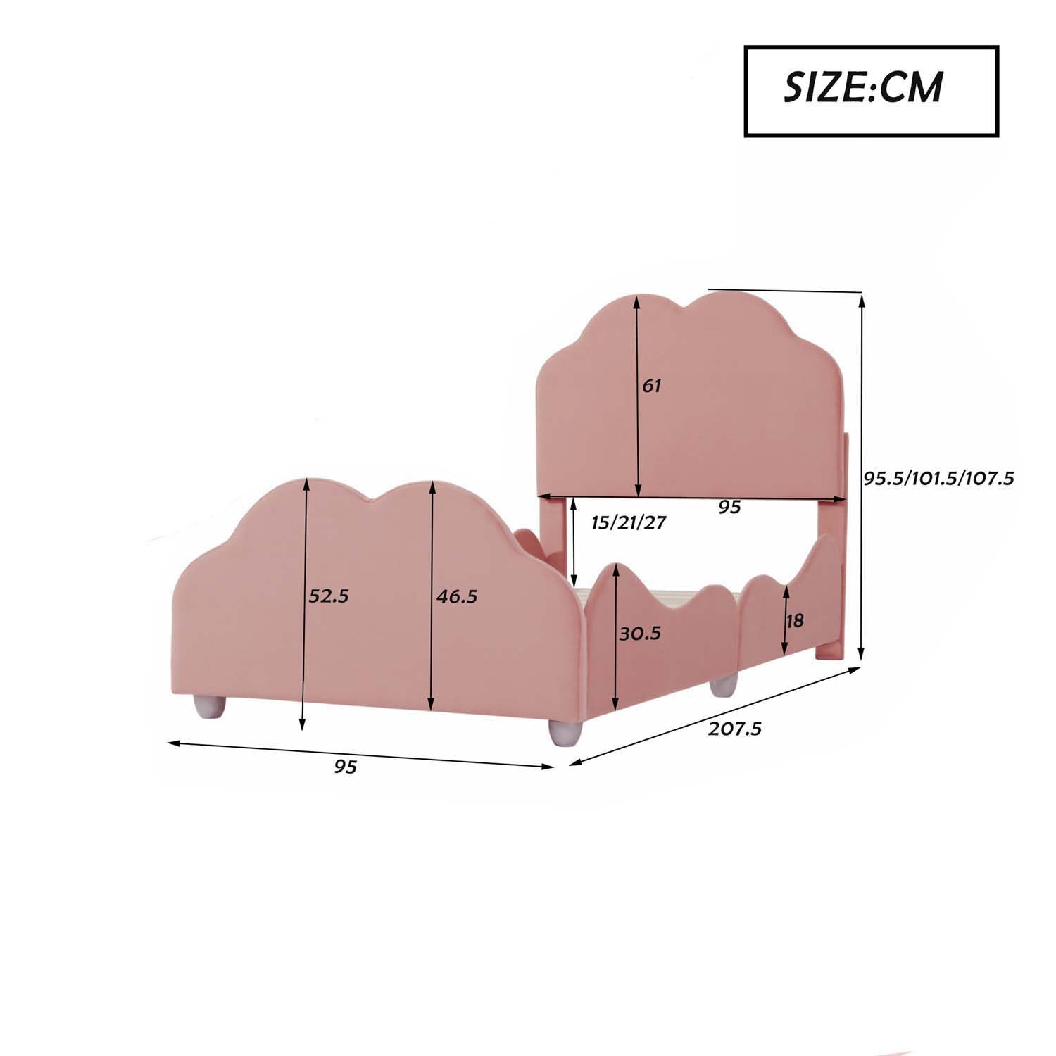 Łóżko dziecięce tapicerowane welurem - 90x200cm - z wezgłowiem w kształcie chmurki + stelaż na listwy - Różowe - 4