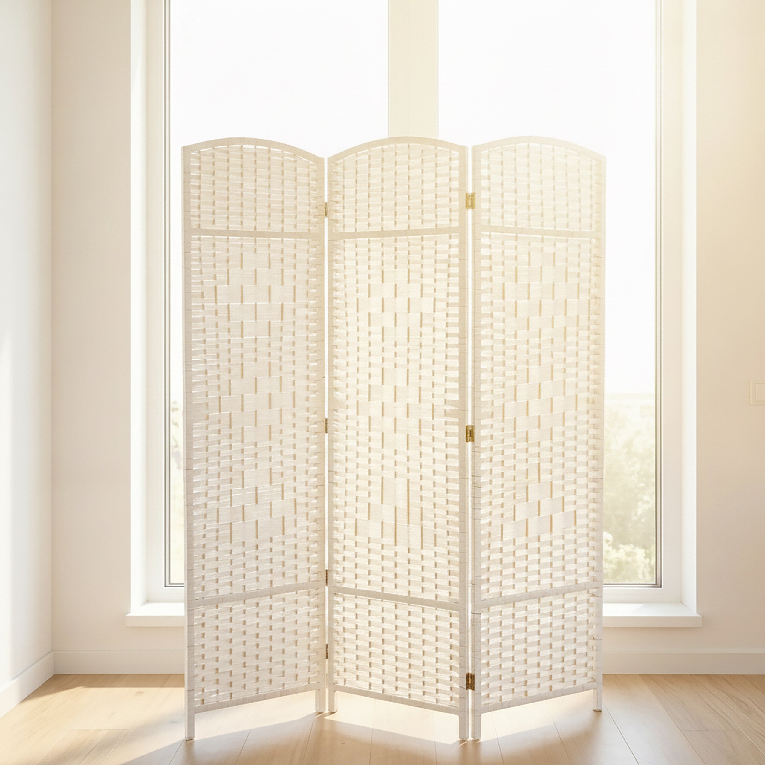 Paravent, bois et corde de papier, brise-vue pliable, 3 volets, H x L : 170 x 120 cm, pour intérieur, blanc, Relaxdays - 6