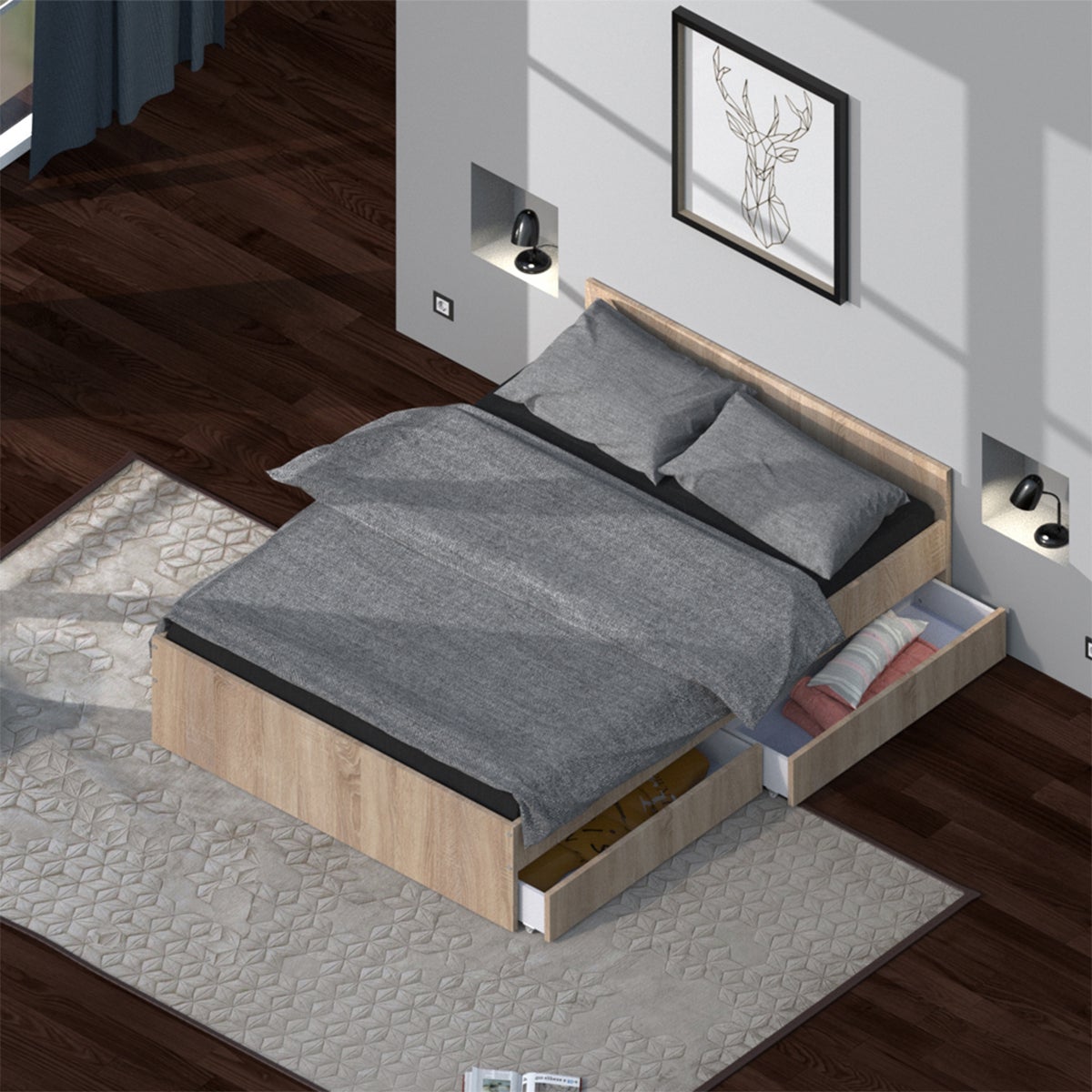 Lit 140x190 tiroirs inclus Orson Bois blanchi - 3