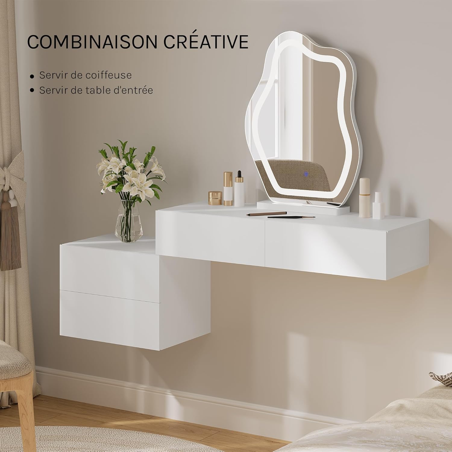 Lot de 2 Table de Chevet Suspendue WOLTU, Table de Chevet Murale avec Tiroir, Mobilier de Chambre en Bois, 40x30x30 cm, Blanc - 2