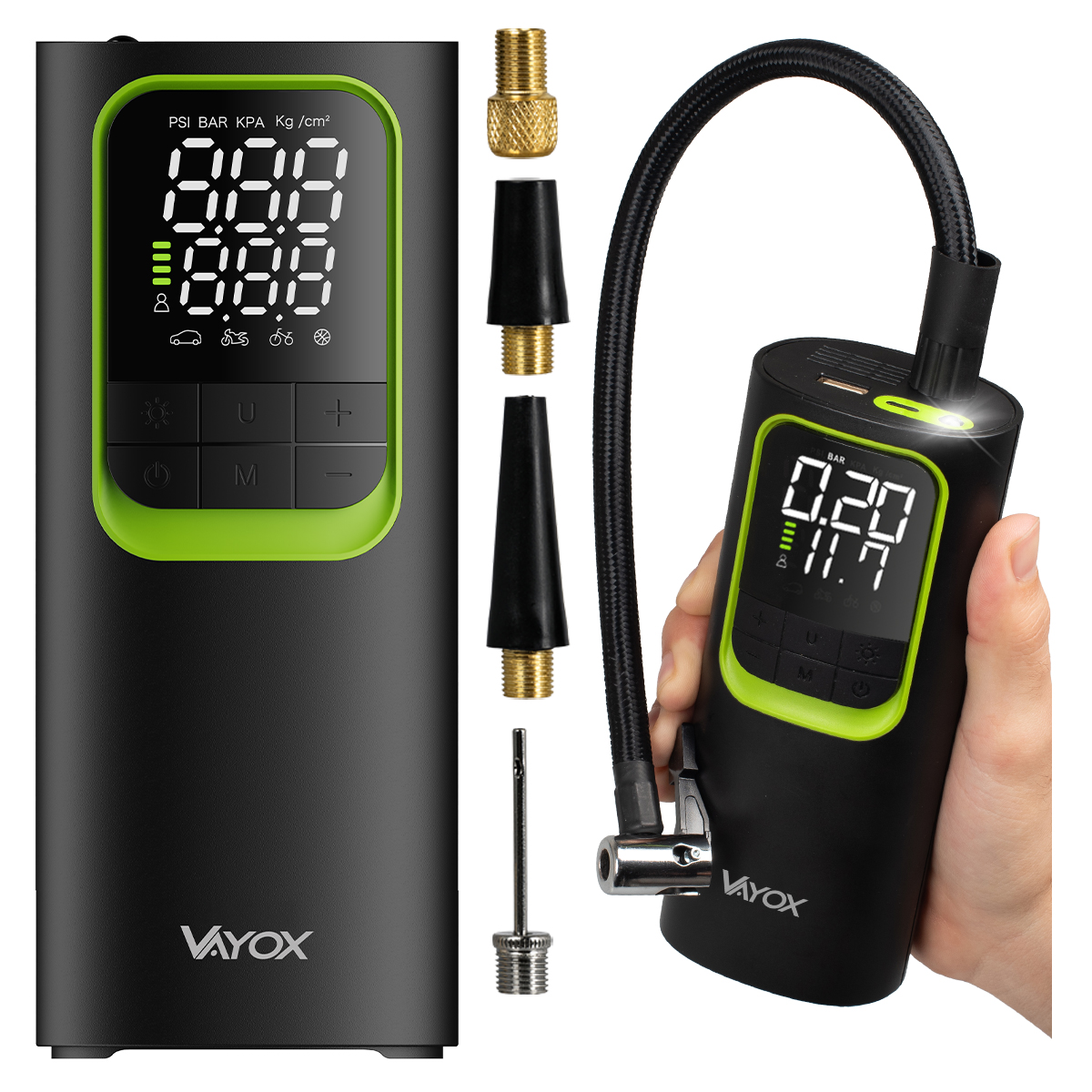 Pompka akumulatorowa Vayox VA0410 8000mAh, 4 końcówki, funkcja Powerbank