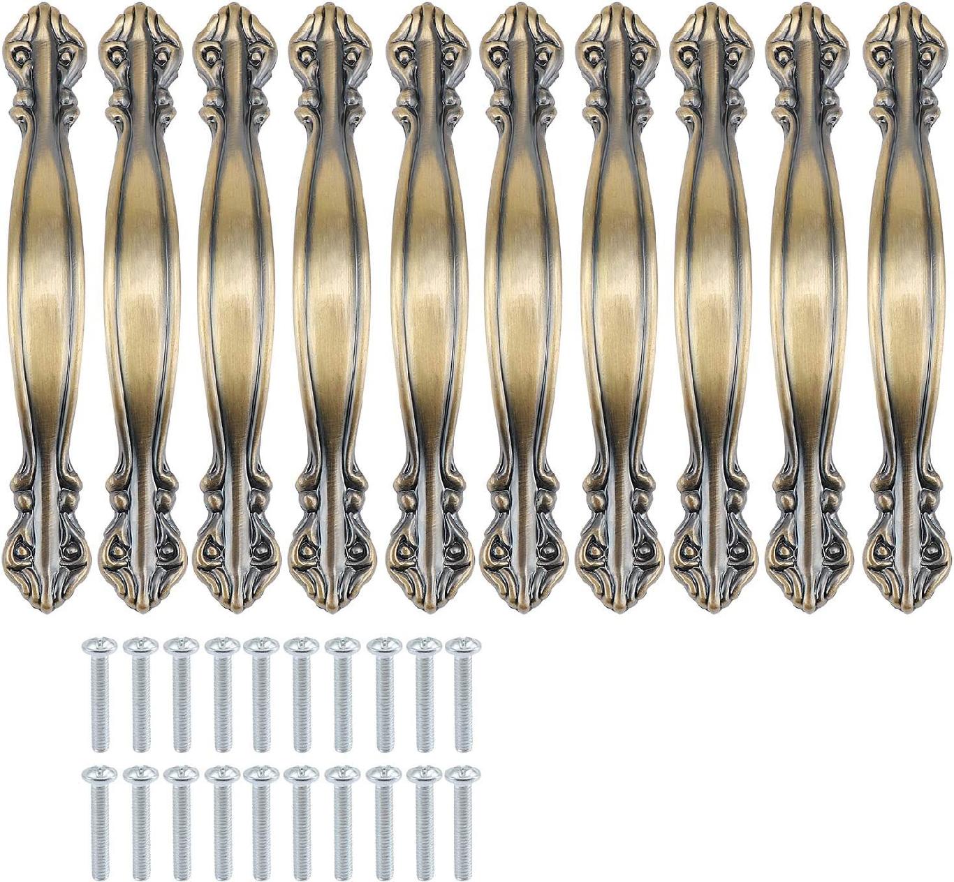 Zestaw 10 zabytkowych klamek do drzwi w kształcie łuku - długość 10,9 cm (odległość od środka do środka 64 mm) - brąz zielony