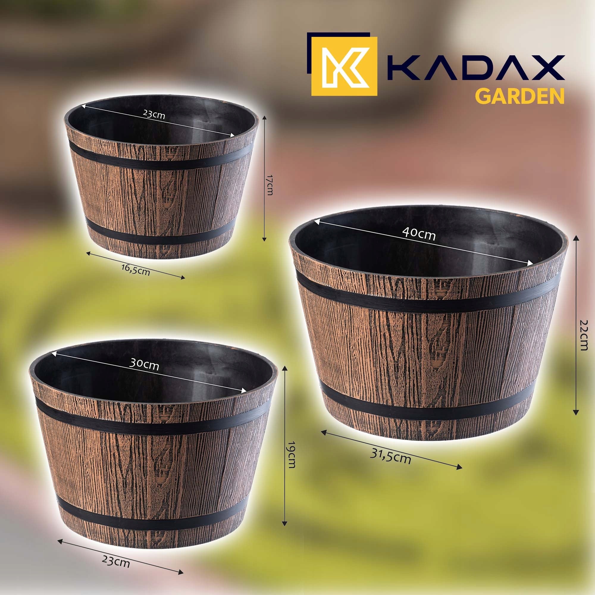 Vaso de flores de plástico KADAX para ambientes internos e externos, vaso grande com imitação de madeira (marrom escuro, conjunto de 3: 23, 30 e 40 cm - 2