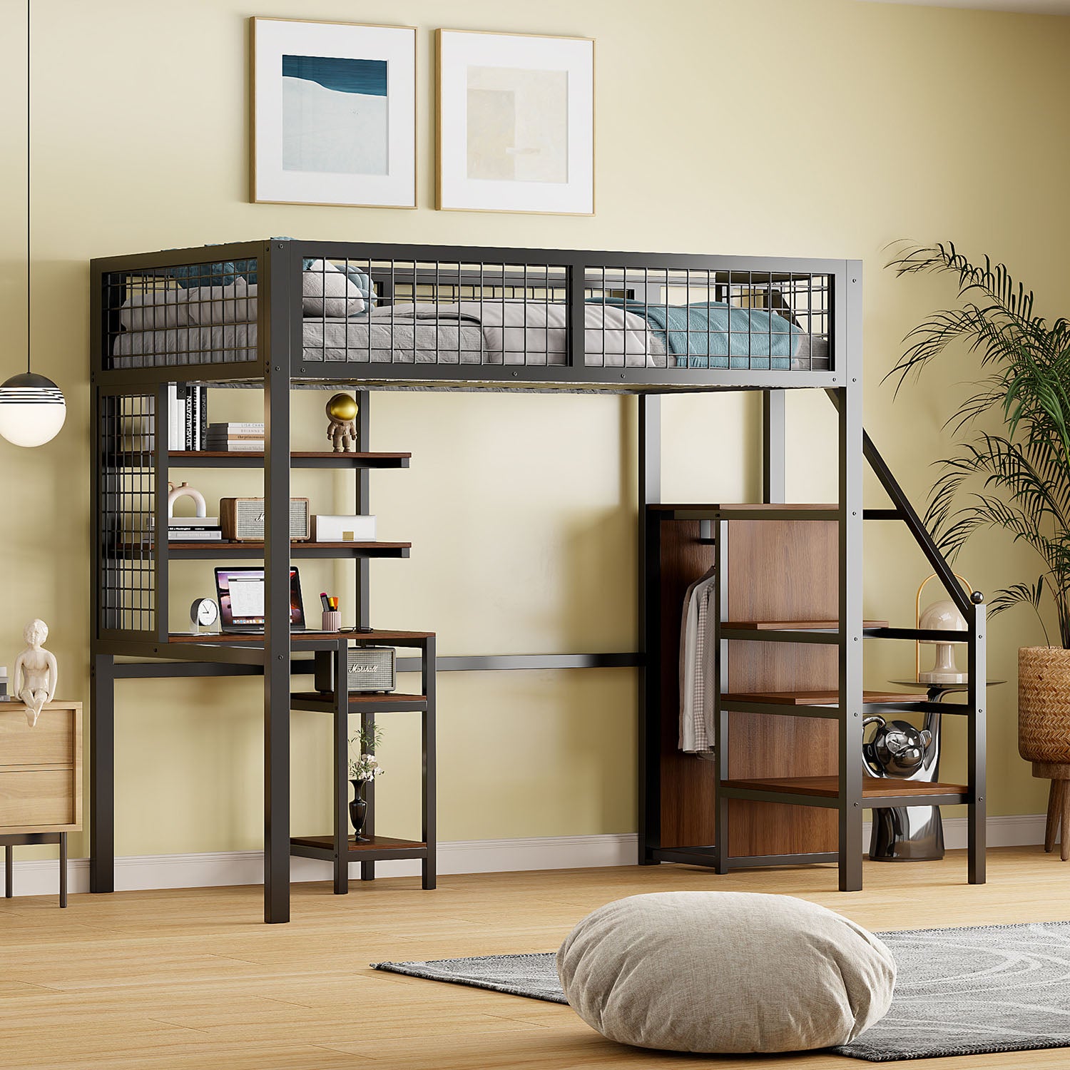 Lit Surélevé 90x200 Cm Avec 4 Tiroirs, Barrière, échelle - Bois Naturel Design Gris Sans Matelas