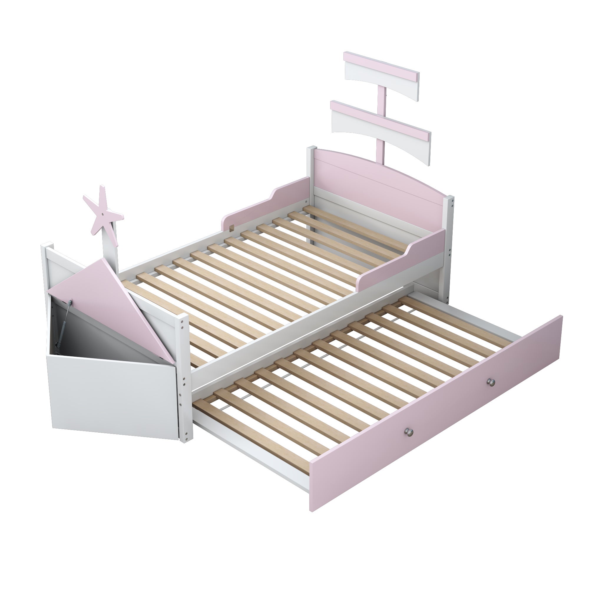 Letto per bambini 90x200cm con letto estraibile design barca legno rosa (Senza materasso) - 2