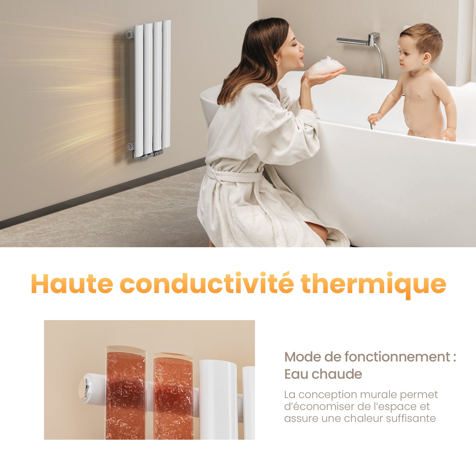 EMKE Radiateur eau chaude en acier Tube Rond Radiateur Mural Blanc 60x24cm 177W Seule Couche - 6