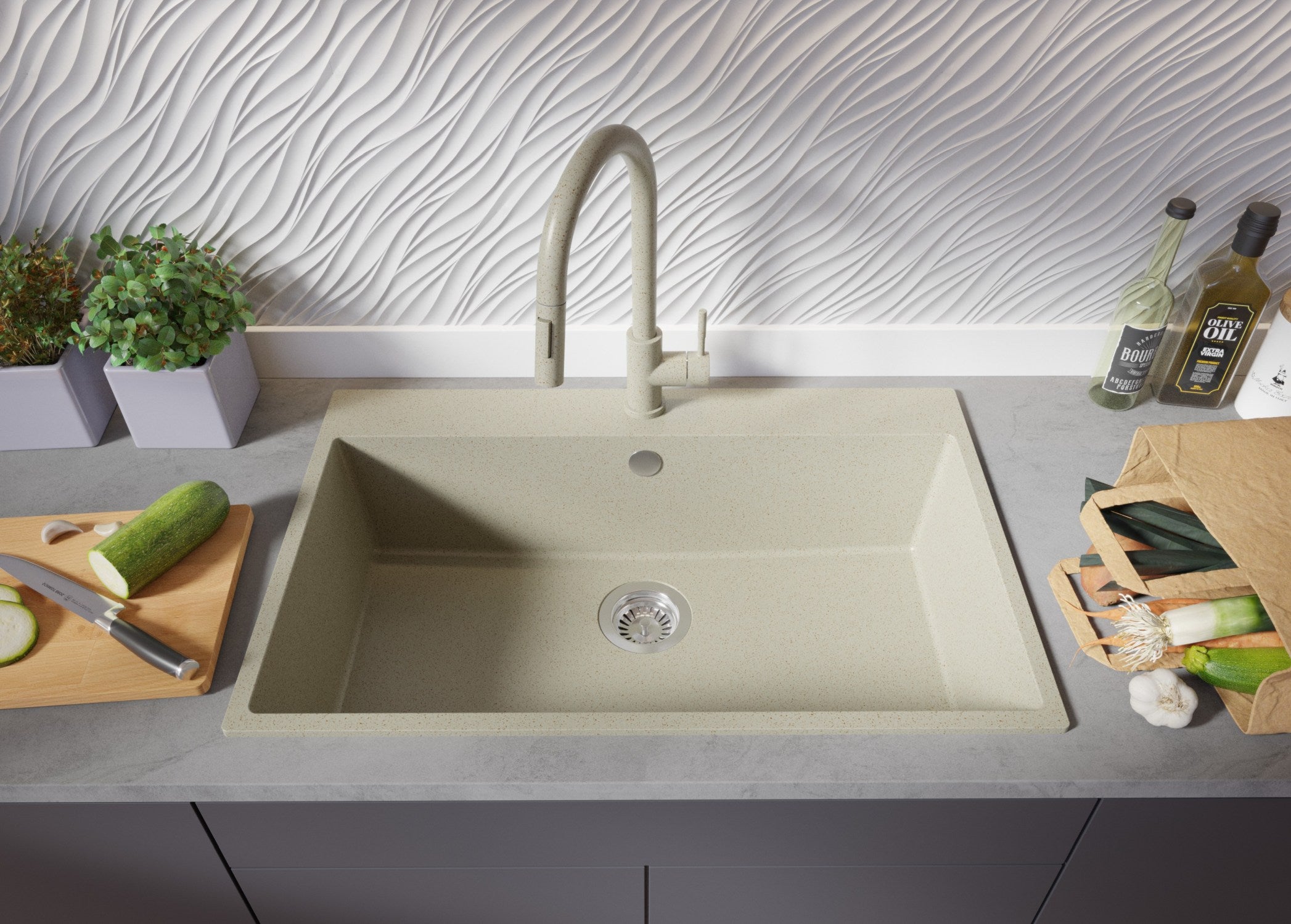 Evier Cuisine en Granit Beige 78x50cm, Lavabo 1 bac + Kit de Vidage, Évier à Encastrer au meuble 80cm - Riga PRIMAGRAN - 3