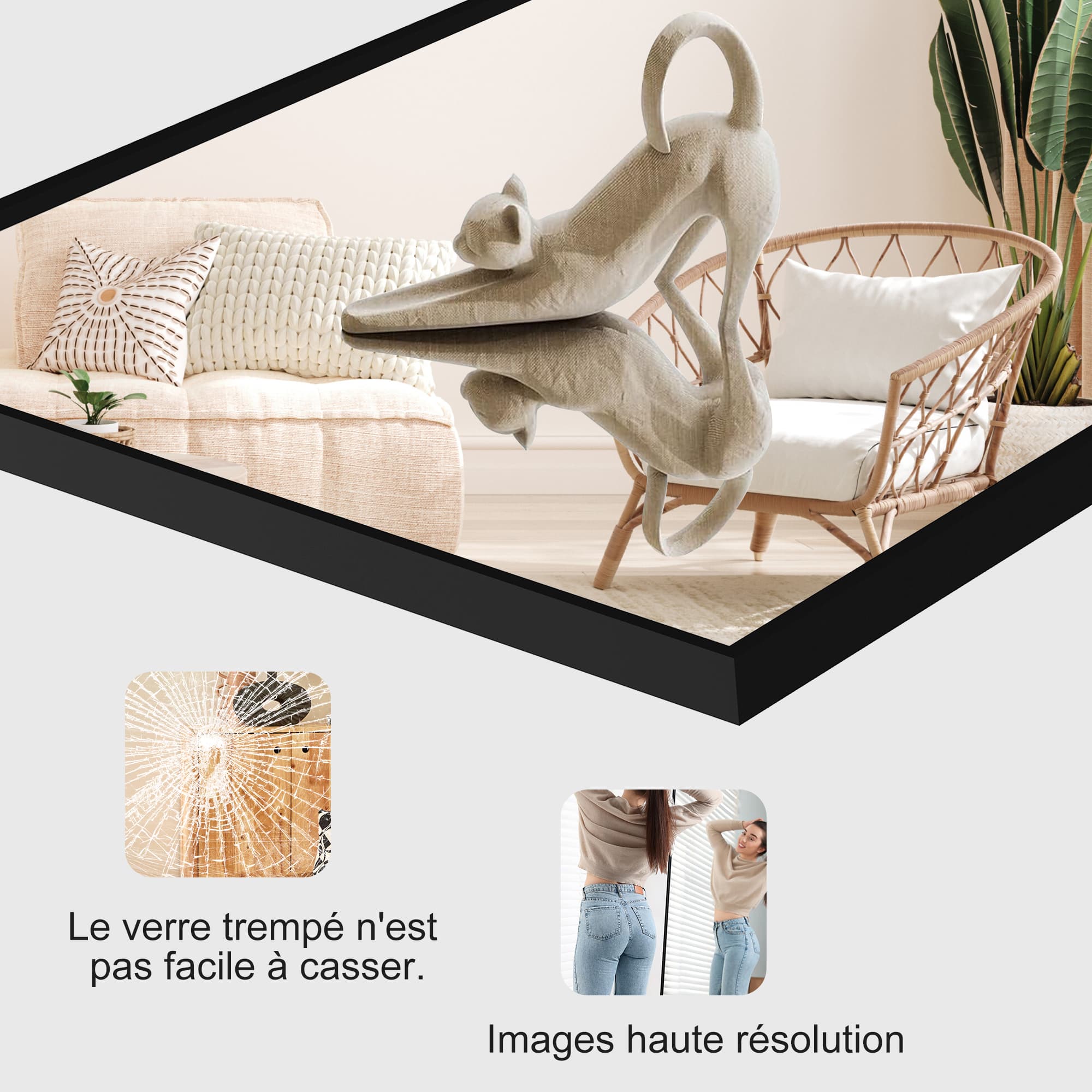 Espejo cuadrado de cuerpo entero de 164*54 cm (negro, marco de aluminio): se puede montar en la pared o inclinar. - 6