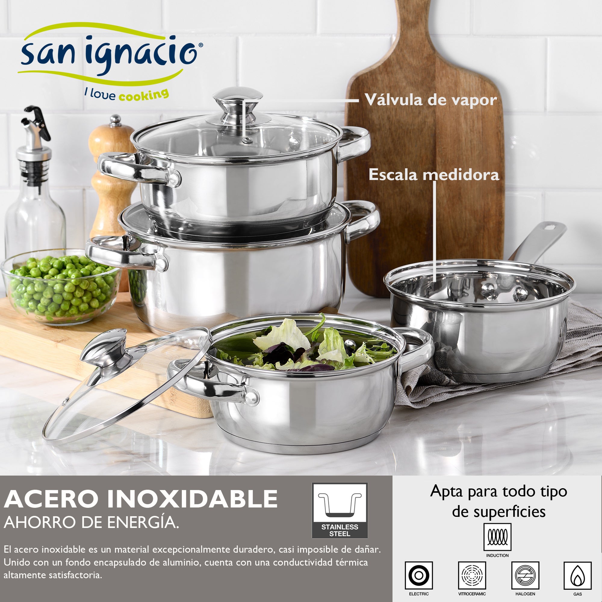 Batería de cocina 7 piezas SAN IGNACIO Faro fabricada en acero inoxidable apta para todo tipo de fuegos - 3