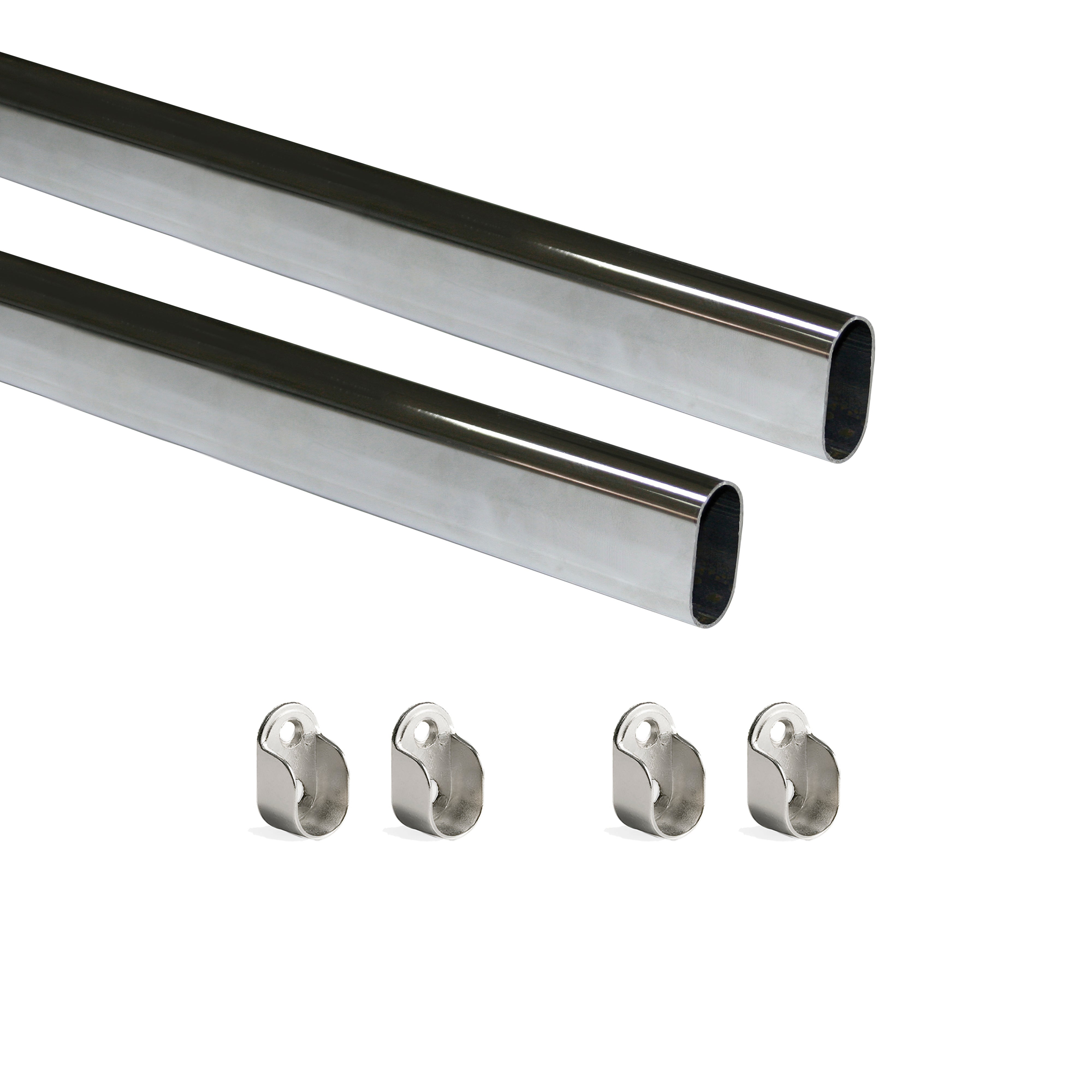 Emuca Pakiet 2 owalnych drążków do szafek 30x15mm długość 0,75m z uchwytami, Stal i Znal, Chromowane