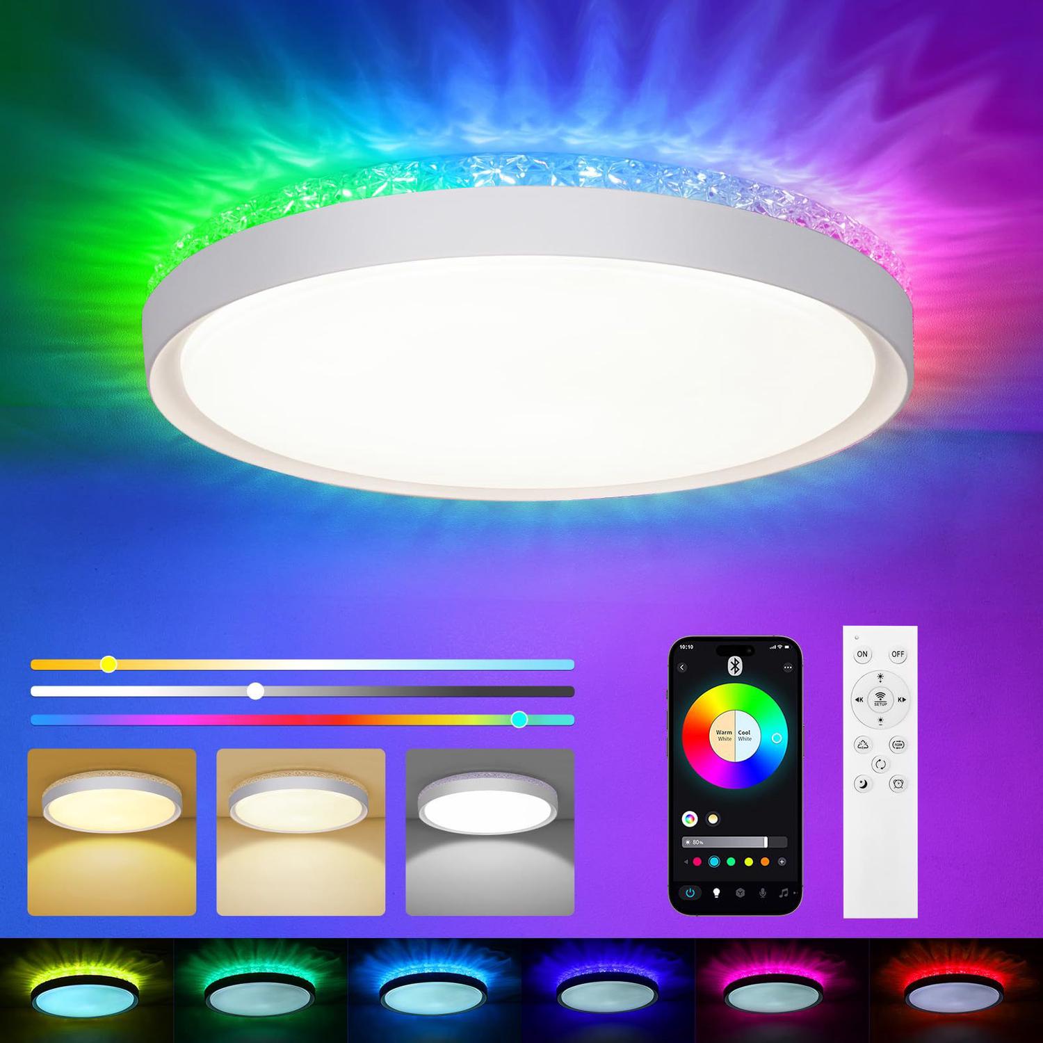 36W Plafonnier Led À Intensité Variable Dimmable, Rgb Lumière Musicale