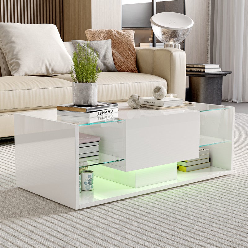 Table basse, Table basse salon LED avec espace de rangement, Table brillante avec étagère en verre, 100L x 50B x 35H cm - 2