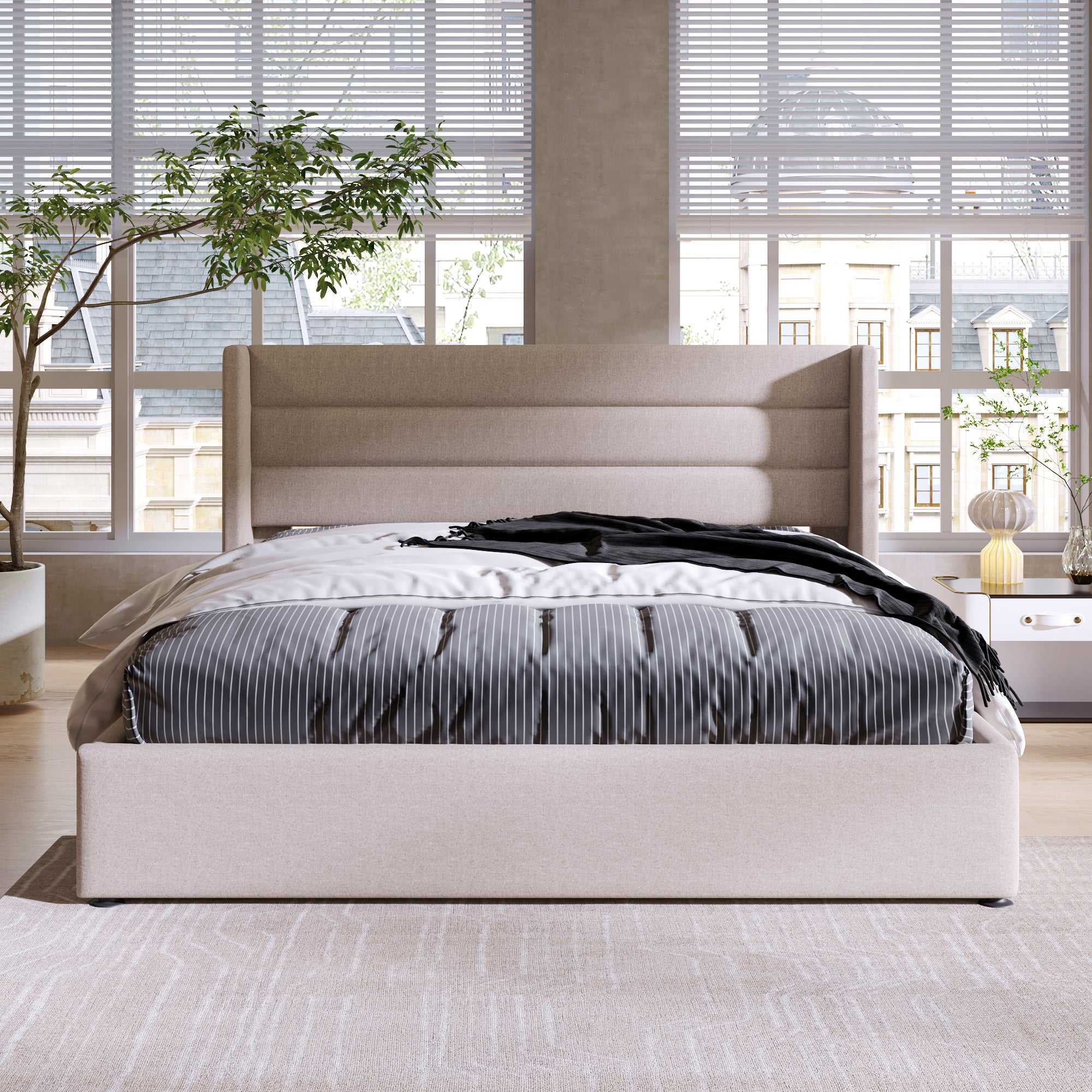 I 6041Q - Lit, Grand, Chambre À Coucher, Cadre, Rembourré, Regard Lin Lin Beige, Pieds En Métal Chrome, Transitionnel