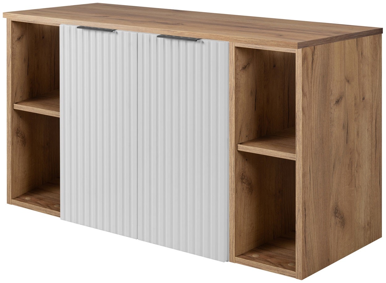 Zestaw łazienkowy FLOW 100 cm biały z blatem i regałami dąb craft złoty