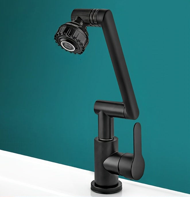 Bateria umywalkowa, dwa tryby wypływu wody, obrót o 1080° bez martwego punktu, trwały materiał ABS, kolor czarny [bez dopływu wody].